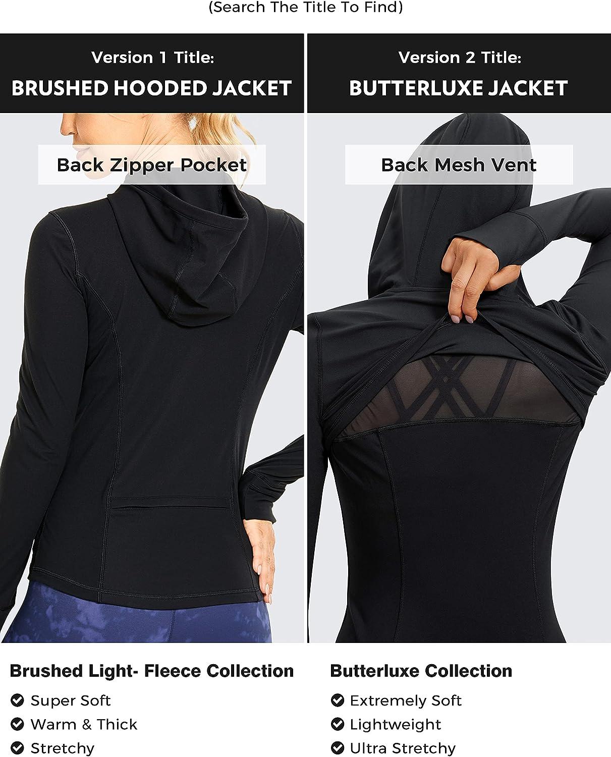 CRZ YOGA Women's Brushed Full Zip Hoodie Jacket Sportswear Hooded Workout  Track Running Jacket with Zip Pockets Medium Black
