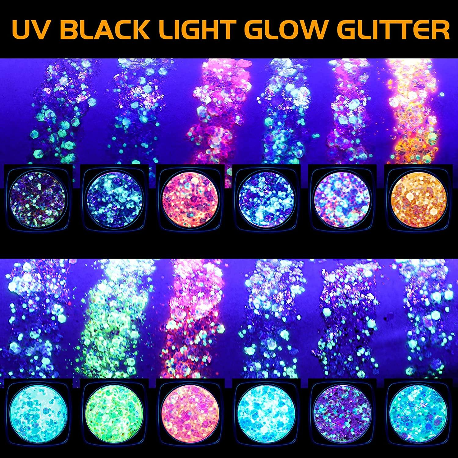 15 Colors Glow in The Dark Face Body Glitter Gel Holographic Iridescent  Chunky Glitter for Women UV Black Light Glitter for  Body/Face/Hair/Eyeshadow/Nail Glitter Makeup for Carnival Party (Set B)