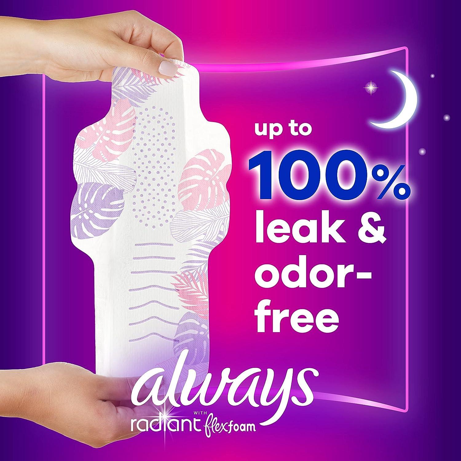Always Radiant FlexFoam Pads for Women Size 4 Overnight Absorbency 100%  Leak & Odor Free Protection is possible with Wings Scented 28 count 28  Count (Pack of 1)