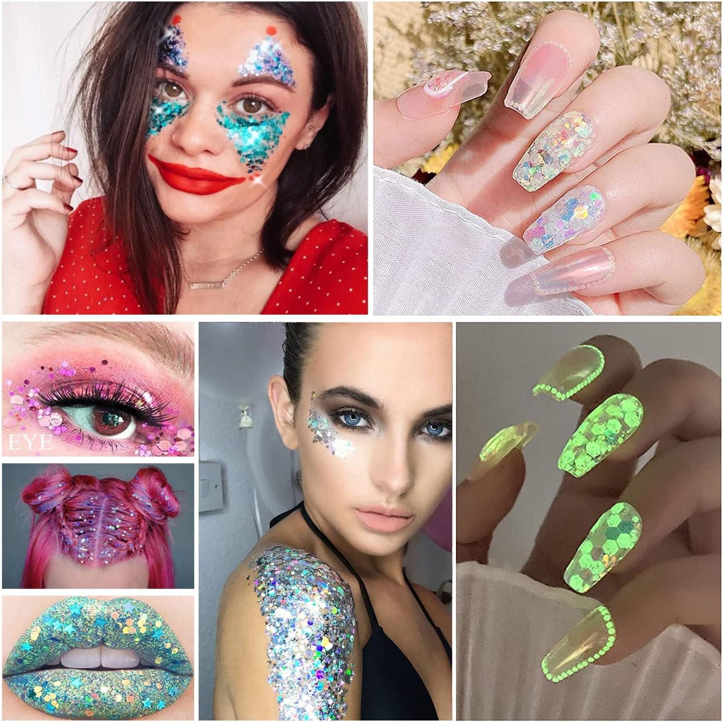 Chunky Glitter and Glow in The Dark Glitter 16 Colors with Glue Set 1,  Holographic Body Glitter + Glow Glitter for Women Face Body Nail Hair  Sparkle