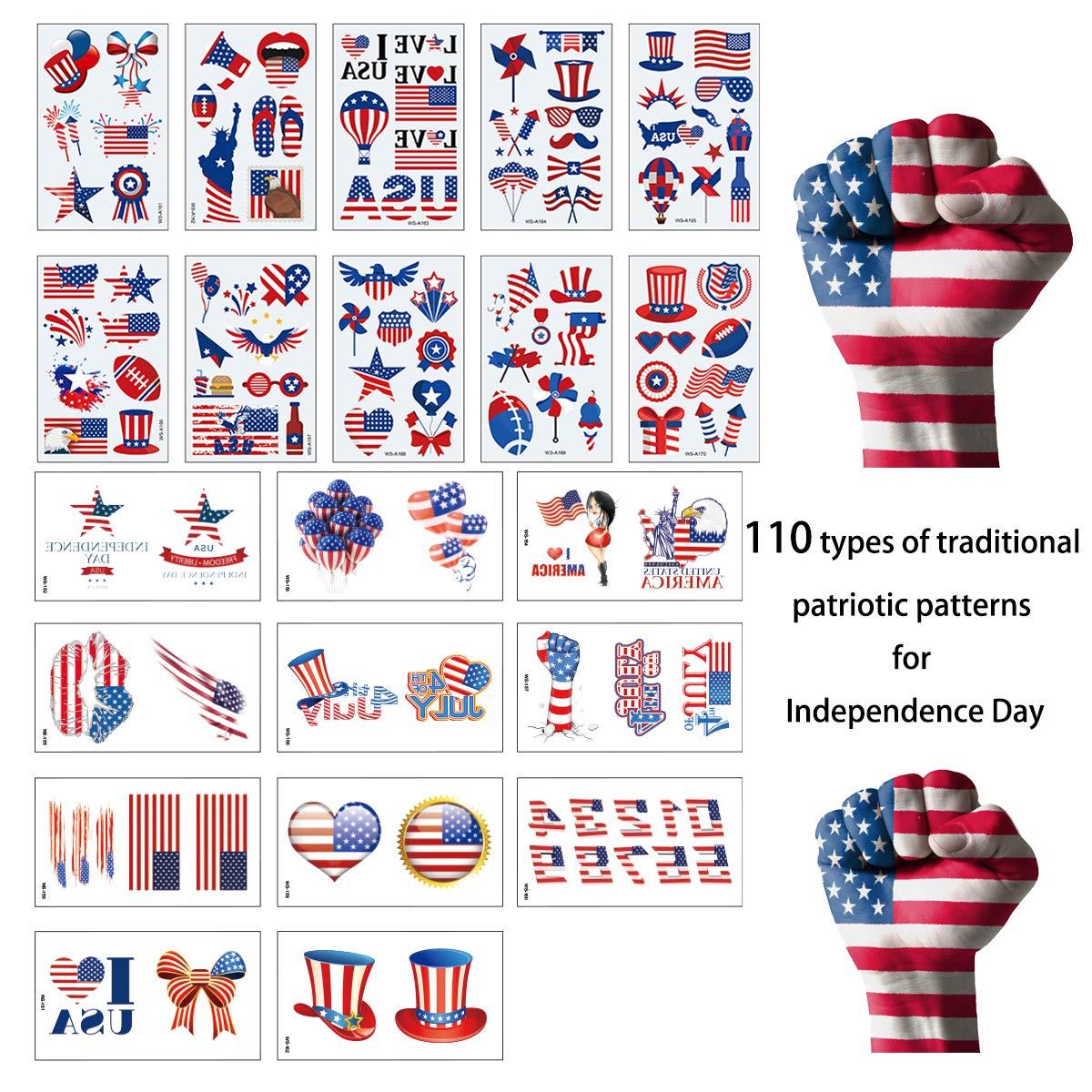 110 PCS Patriotic Temporary Tattoos for Adults Kids Fourth of July