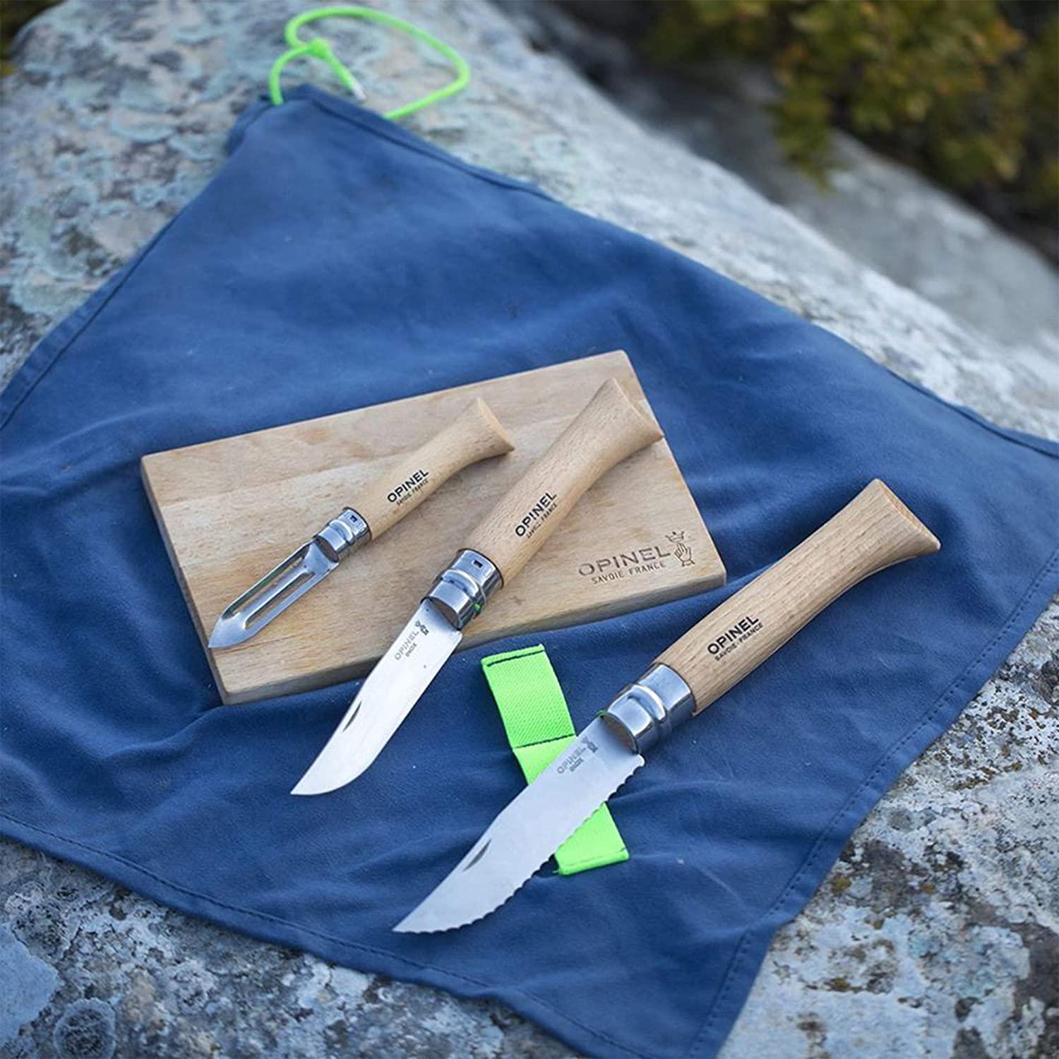 Opinel Nomad Camping Kitchen Utensil Kit, Includes No.12 Serrated Knife,  No. 10 Corkscrew Knife, No. 6 Peeler, Cutting Board