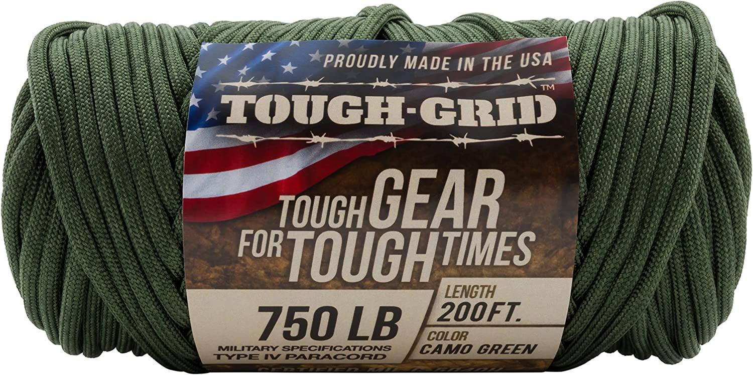 TOUGH-GRID 750lb Paracord Parachute Cord Genuine Mil Type IV 750lb Paracord by The US Military (MIl-C-5040-H) - 100 Nylon Camo Green 50Ft. (Coiled in Bag)