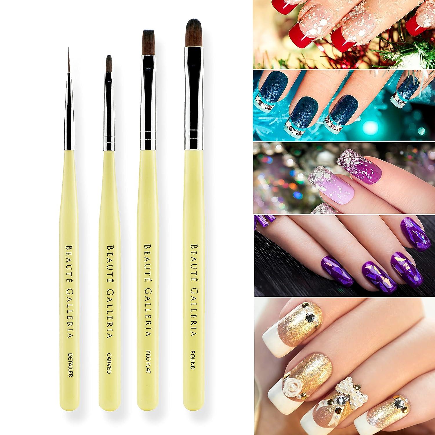 Beaute Galleria 4 Pieces UV Gel Nail Art Brush Set (Pro Flat Carved  Detailer and Round) for Thin Fine Line Detailer Outline Striping Nail Tips  Builder Polygel Nails Gel Sculpting