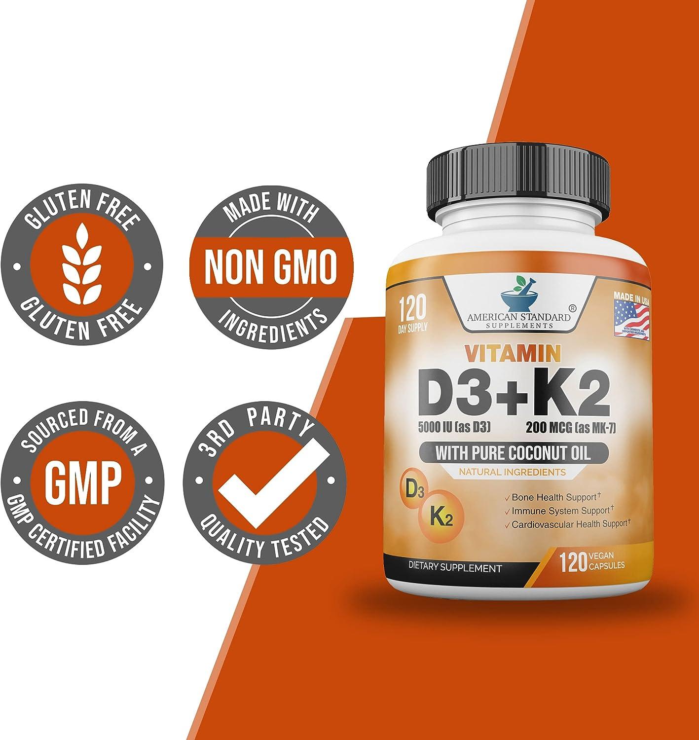 Vitamin D3 K2 (MK7) 5000IU + 200mcg w/ Organic Coconut Oil Immune & Bone Health No Fillers