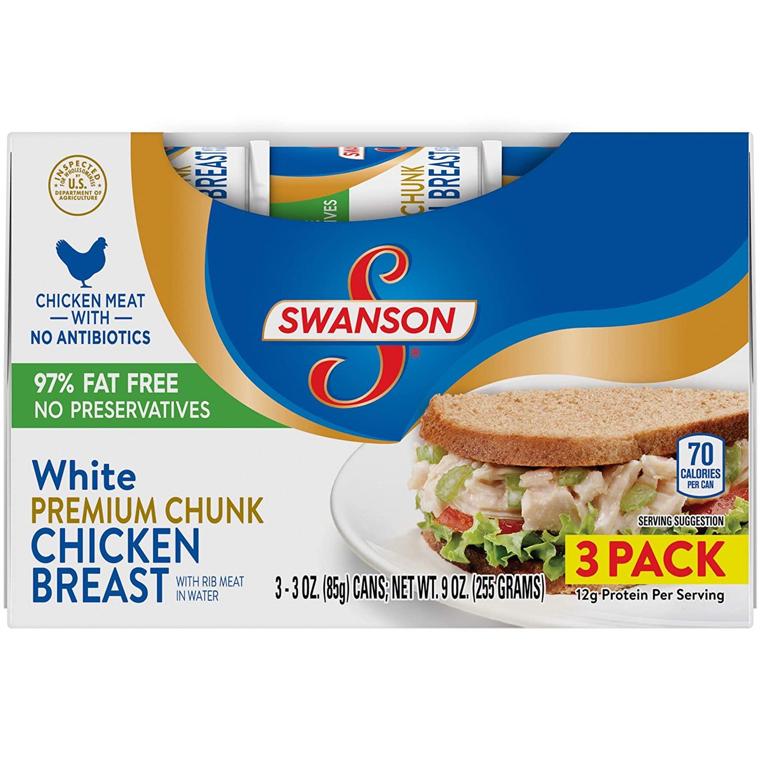 Swanson White Premium Chunk Chicken Breast with Rib Meat in Water, 3 oz., (Pack of 3)