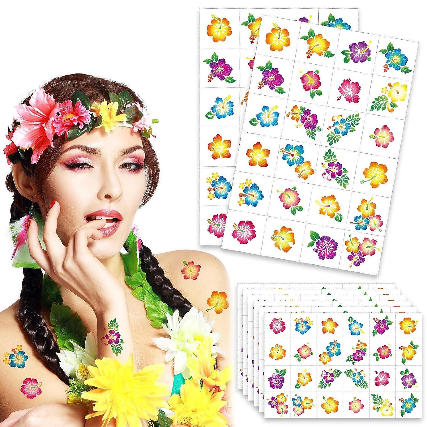 Hibiscus Glitter Tattoos 240 Pcs Flower Temporary Stickers for