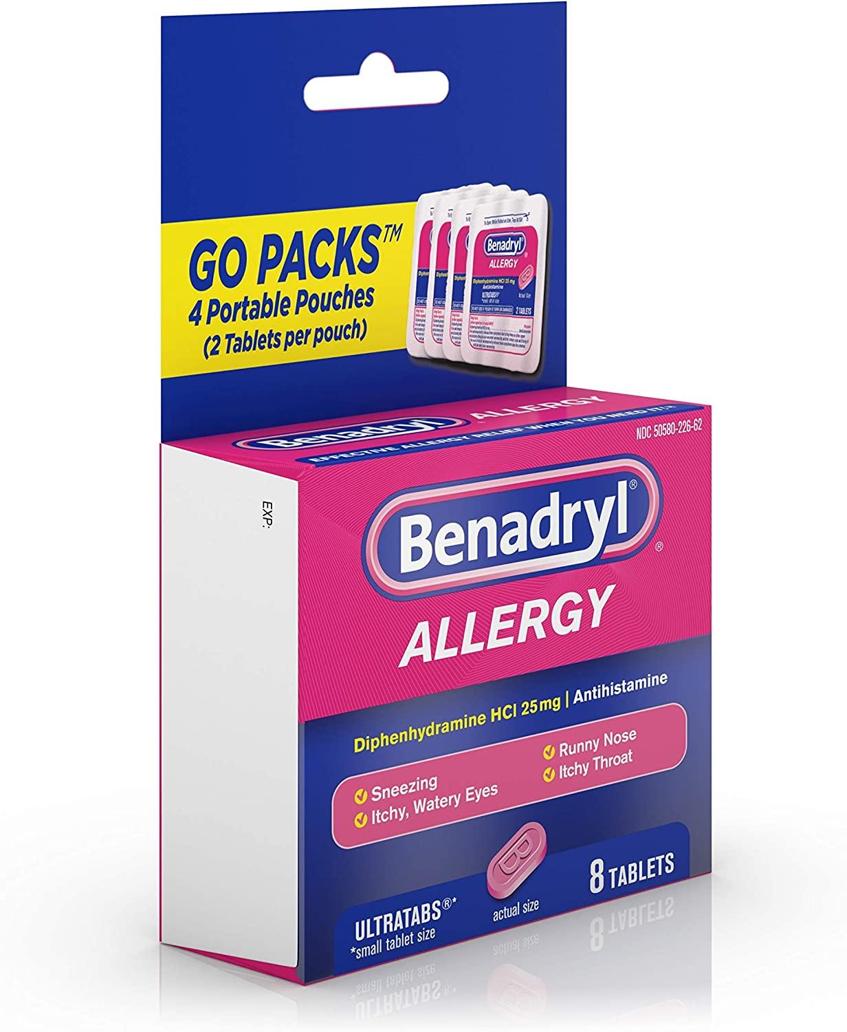 Benadryl Ultratabs Go Packs 8 Antihistamine Tablets Diphenhydramine