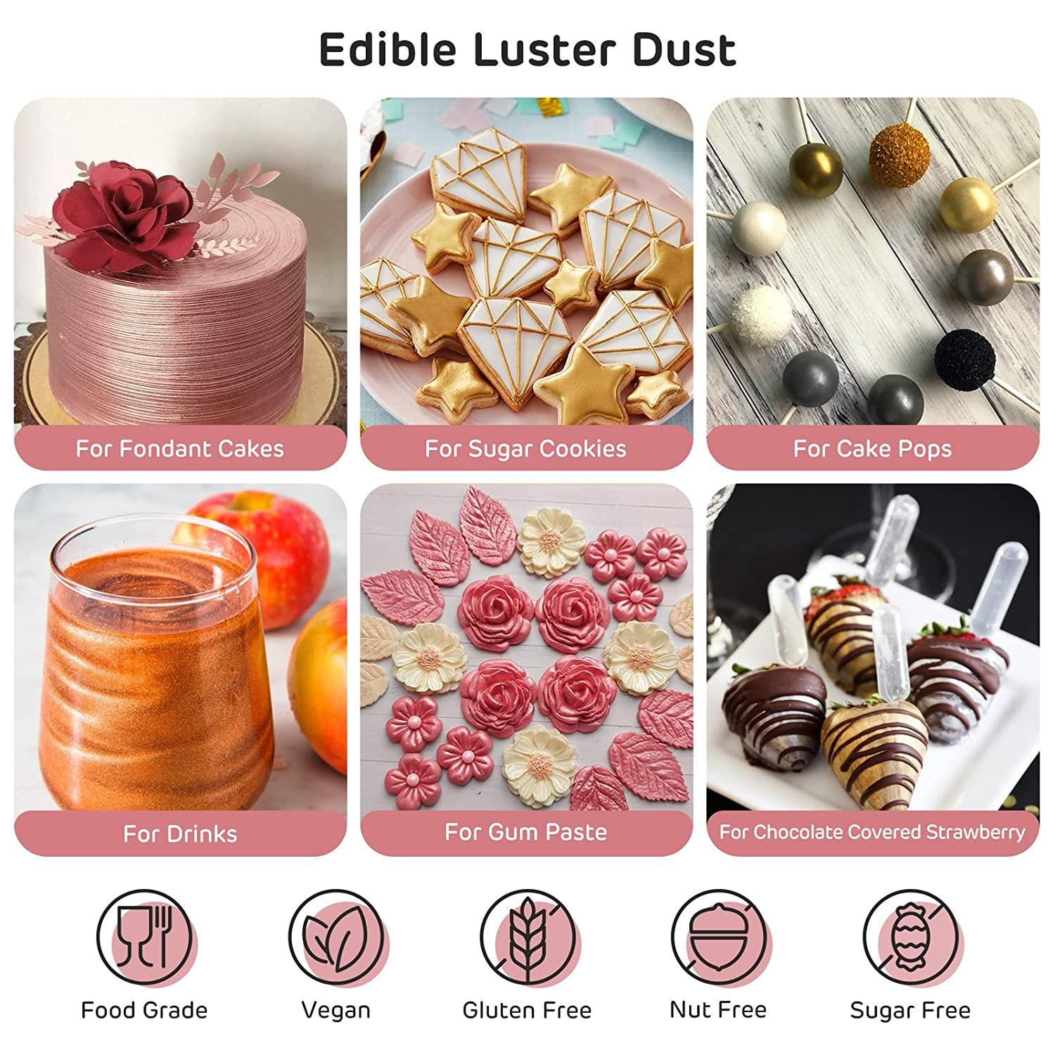 Edible Rose Gold Luster Dust and Gold or Silver for Cake Decoration,  Strawberry Chocolate Covered/ Fondant Powder Coloring Paint Food 2 PACK 