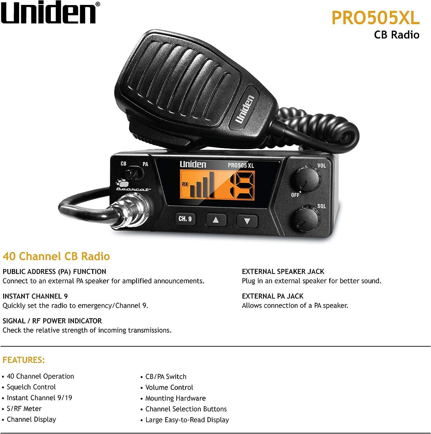 Uniden PRO505XL 40Channel CB Radio. ProSeries, Compact Design. Public Address (PA) Function