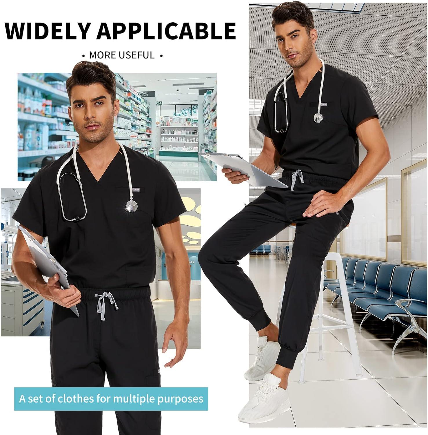 VIAOLI Scrubs for Men Set V-Neck Scrub Top & Jogger Pant 8 Pocket Cargo  Botton Nursing Clearance Sets Medical Uniforms Black Large