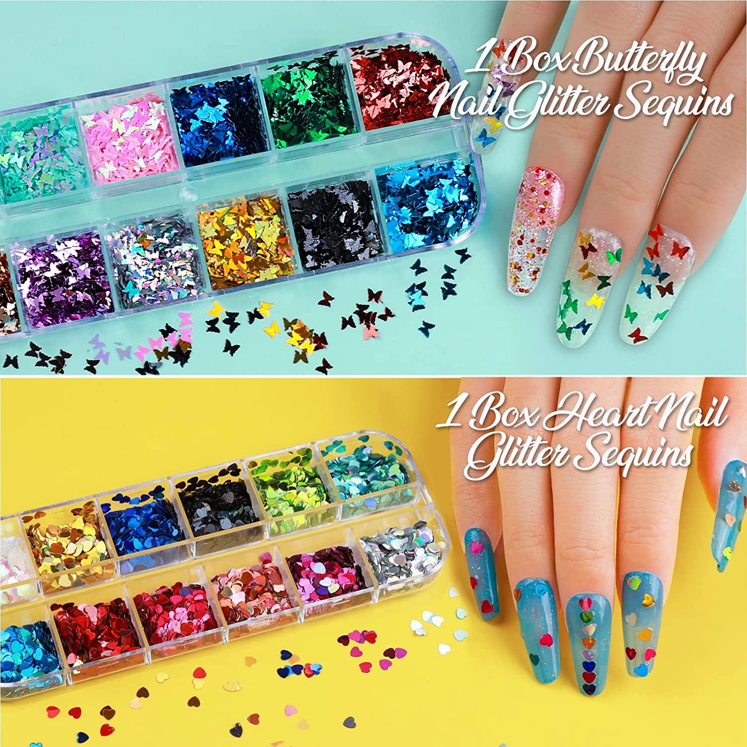 12 Sheets Nail Art Stickers Flower Nail Stickers Decal 3D Self-Adhesive,  Teenitor Nail Art Decoration with Nail Art Glitter Butterfly Heart Sequins Nail  Foil Flakes Nail Art Flower Slices