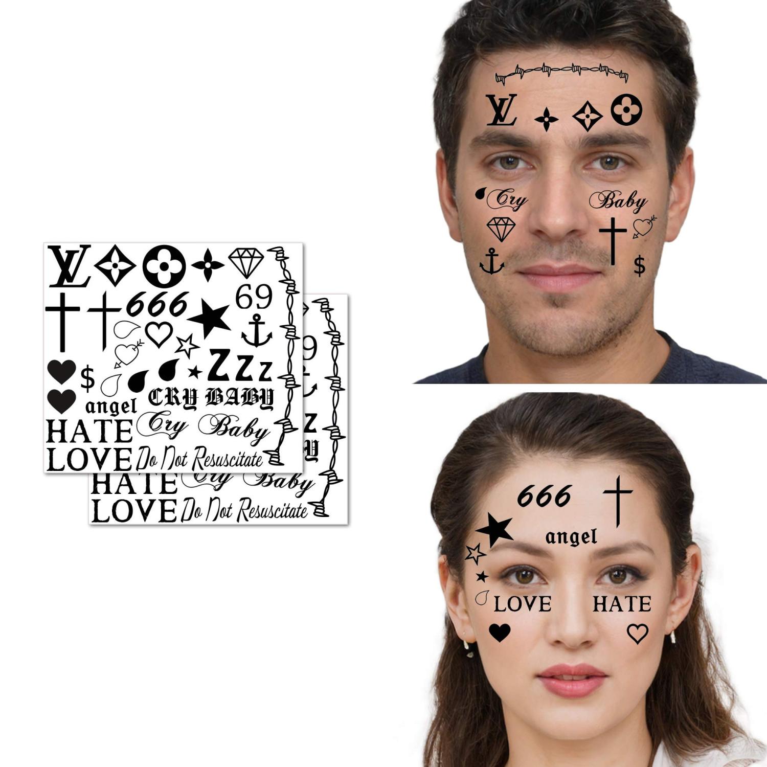 Face Temporary Tattoos Assortment Set of 2 Trendy Designs
