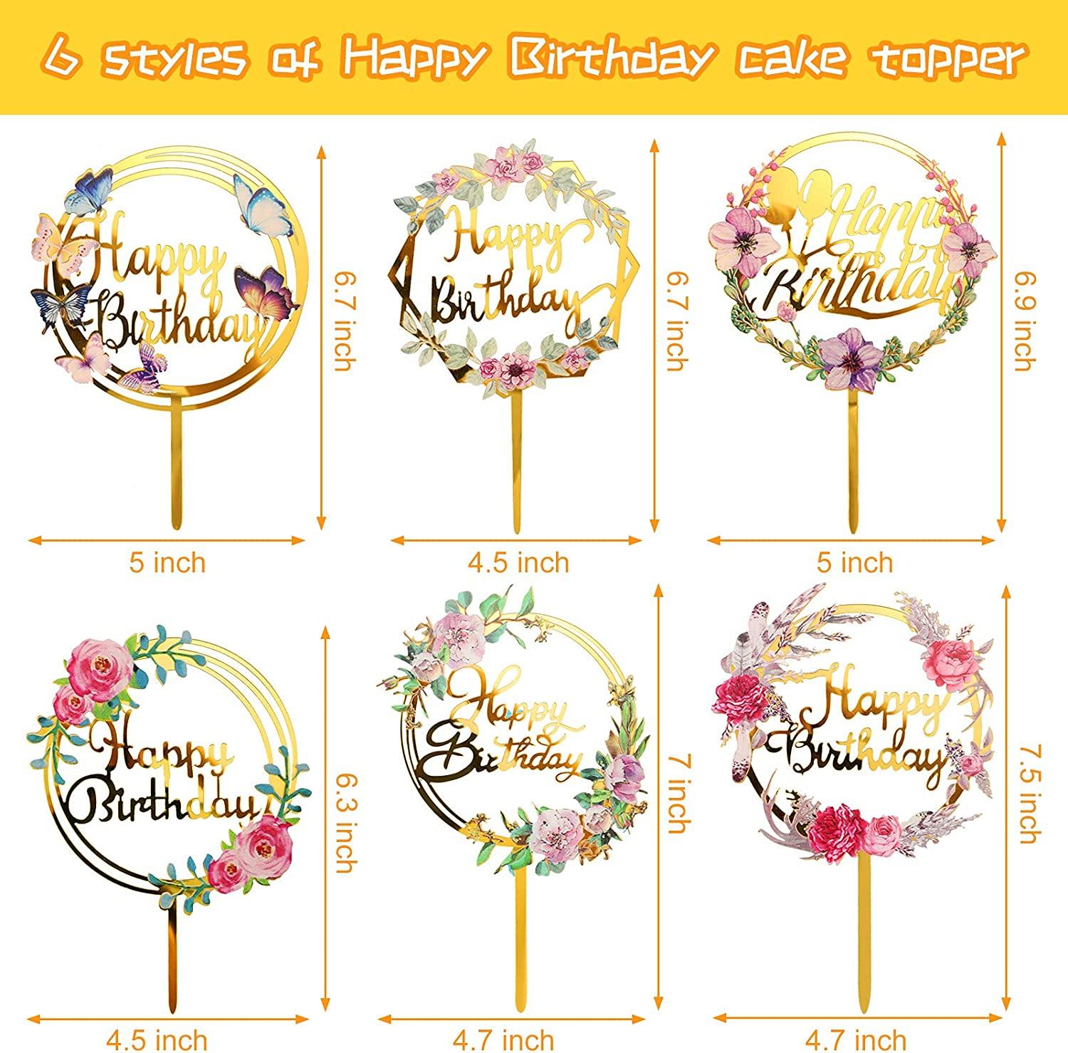 6 Pieces Happy Birthday Cake Toppers Gold Flower Acrylic Cake