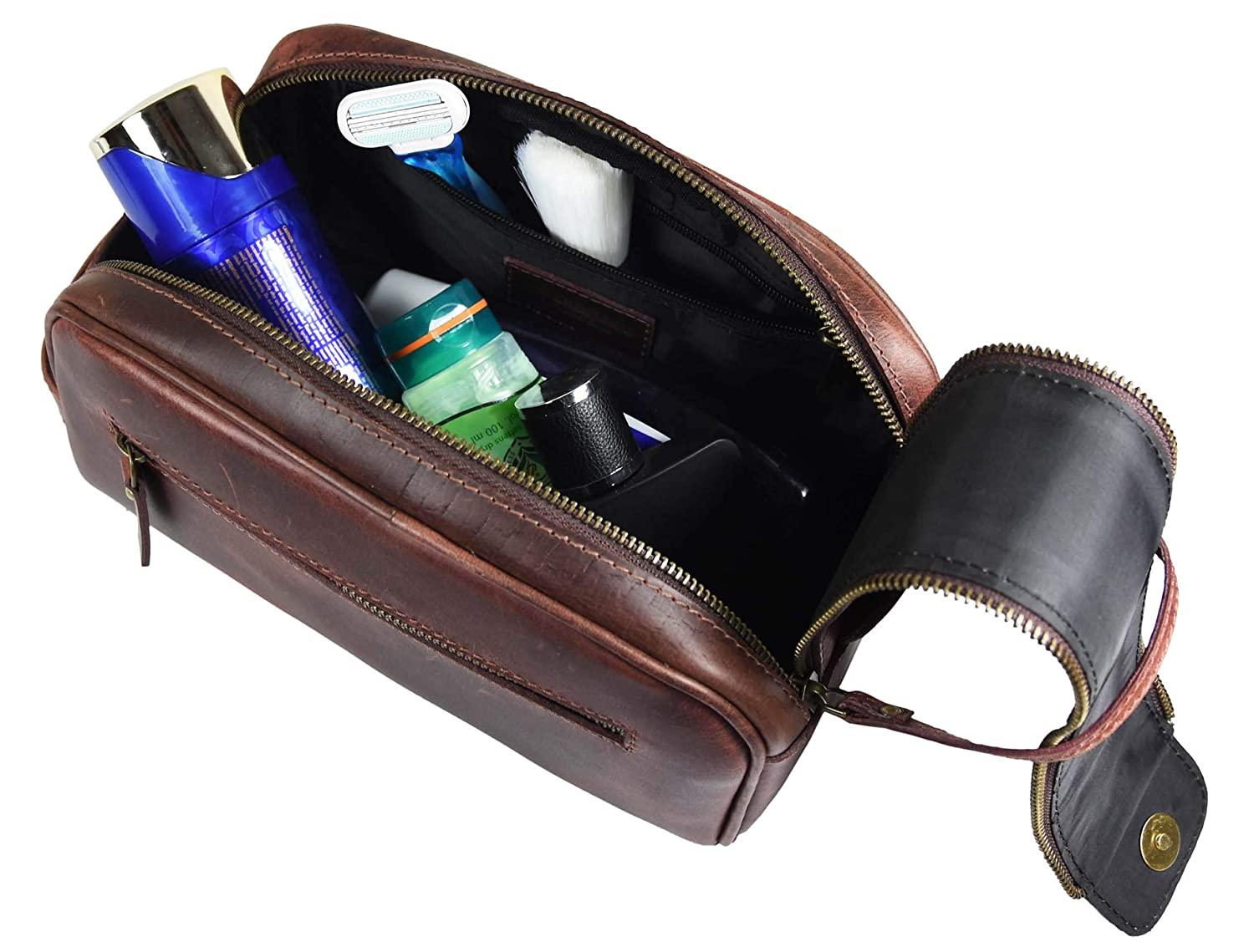 10 Premium Leather Toiletry Travel Pouch With Waterproof Lining