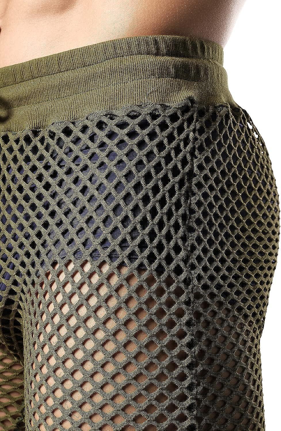 JOGAL Men's Mesh Fishnet See Through Pants Stretchy Muscle Leggings  Armygreen Medium