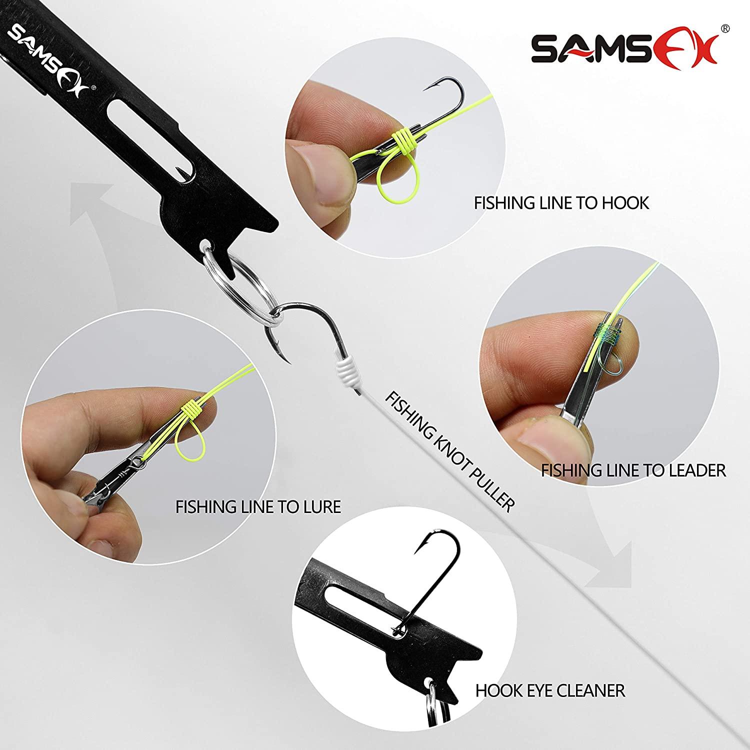 SAMSFX Fly Fishing Knot Tying Tool for Hooks, Lures and Lines, Quick Loop  Tyer, Zinger Retractors Combo 4 Black Knot Tool with Retractor & Hook  Remover