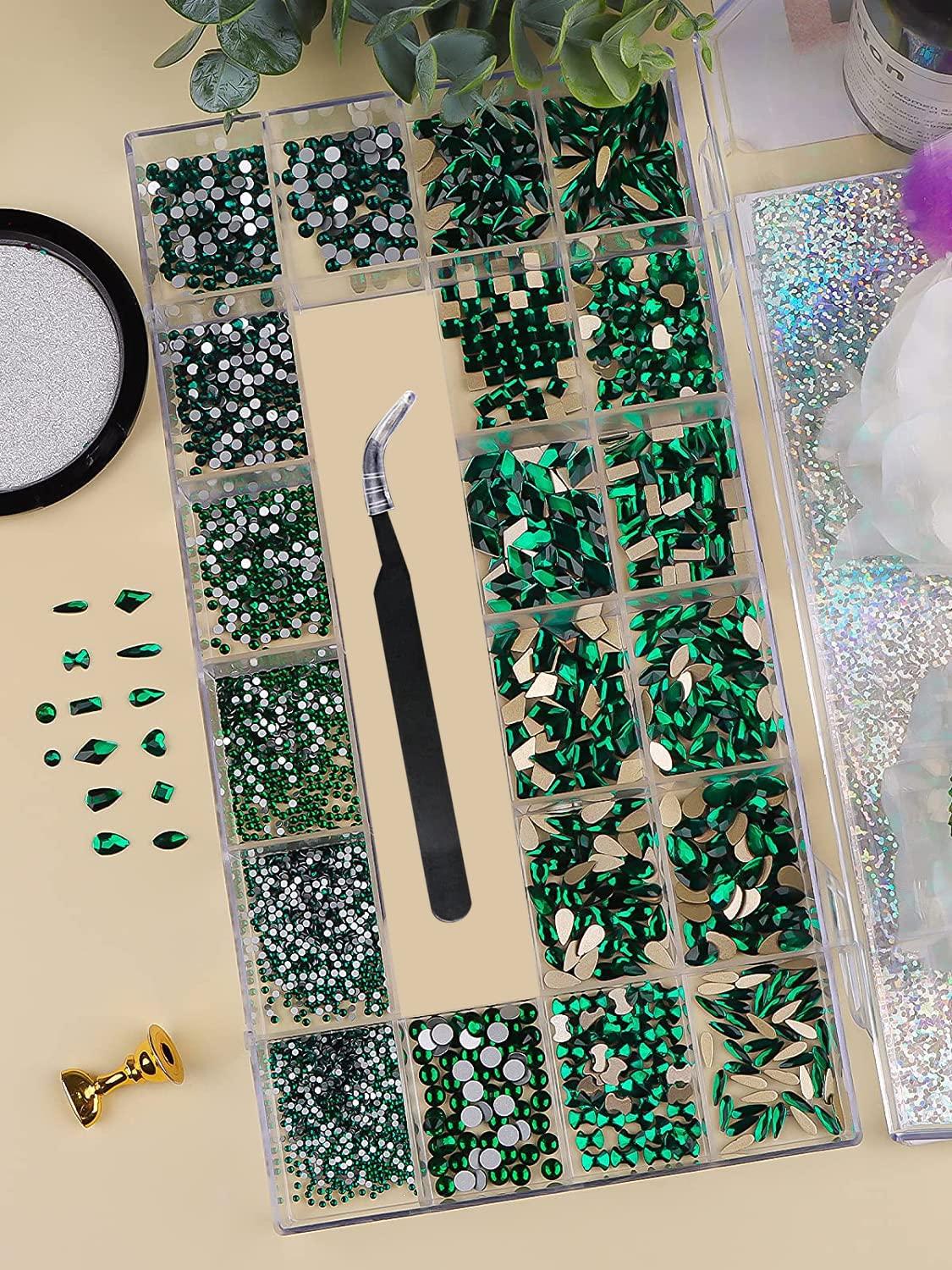 Kalolary 3120Pcs Green Nail Rhinestone Gems Kit Nail Art Crystal Flatback  Nail Jewel Gems Diamonds Jewels with Tweezers and Drill Pen 