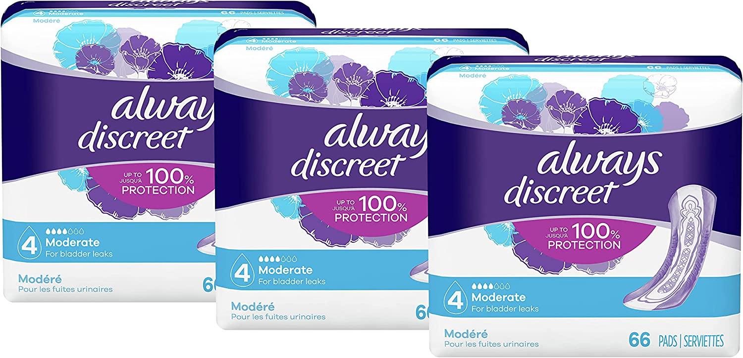 Always Discreet, Incontinence & Postpartum Pads For Women, Size 4, Moderate  Absorbency, Regular Length, 66 Count X 3 Packs (198 Count Total)