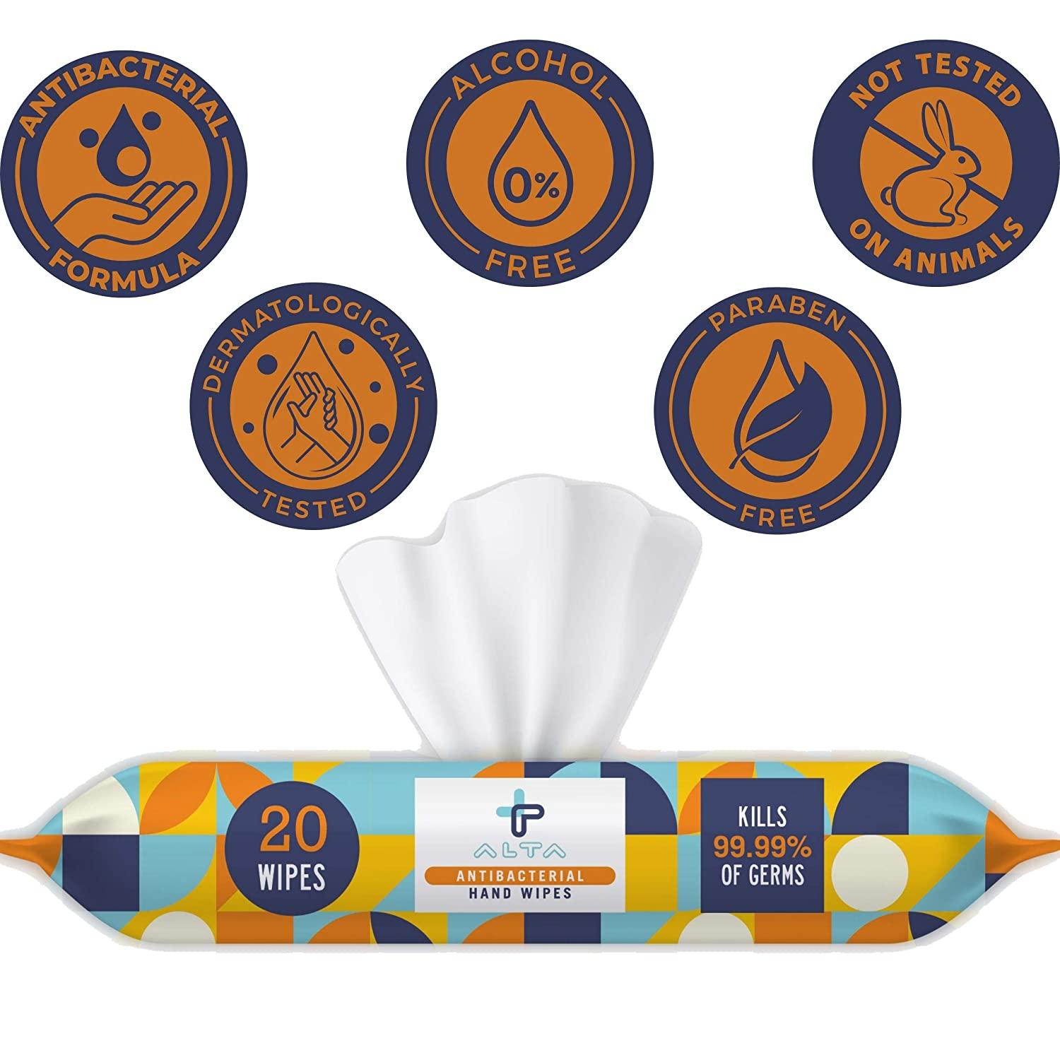 ALTA + Alcohol Free Hand Sanitizing Wipes, Travel Size, 20 Wipes, 6