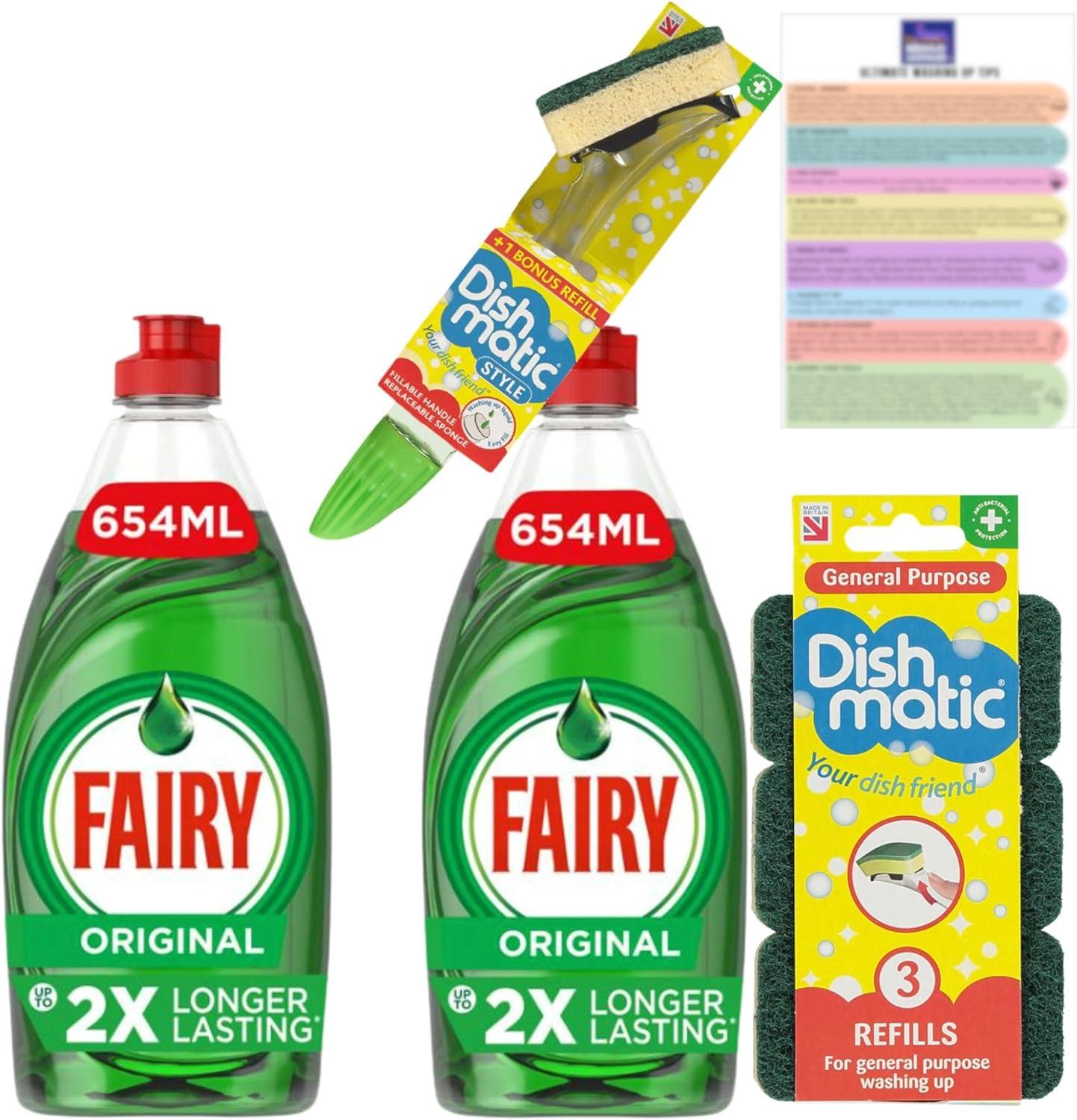 Washing Up Liquid Bundle with Fairy Liquid 654ml x2 Dishmatic Washing