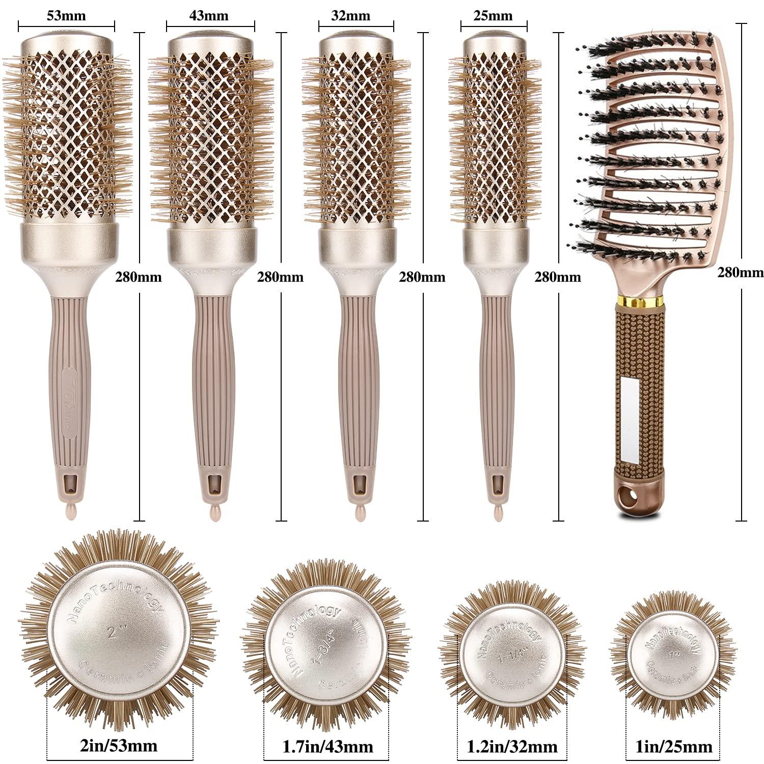 5PCS Round Brush for Blow Drying, Round Brush Set with Boar Bristle