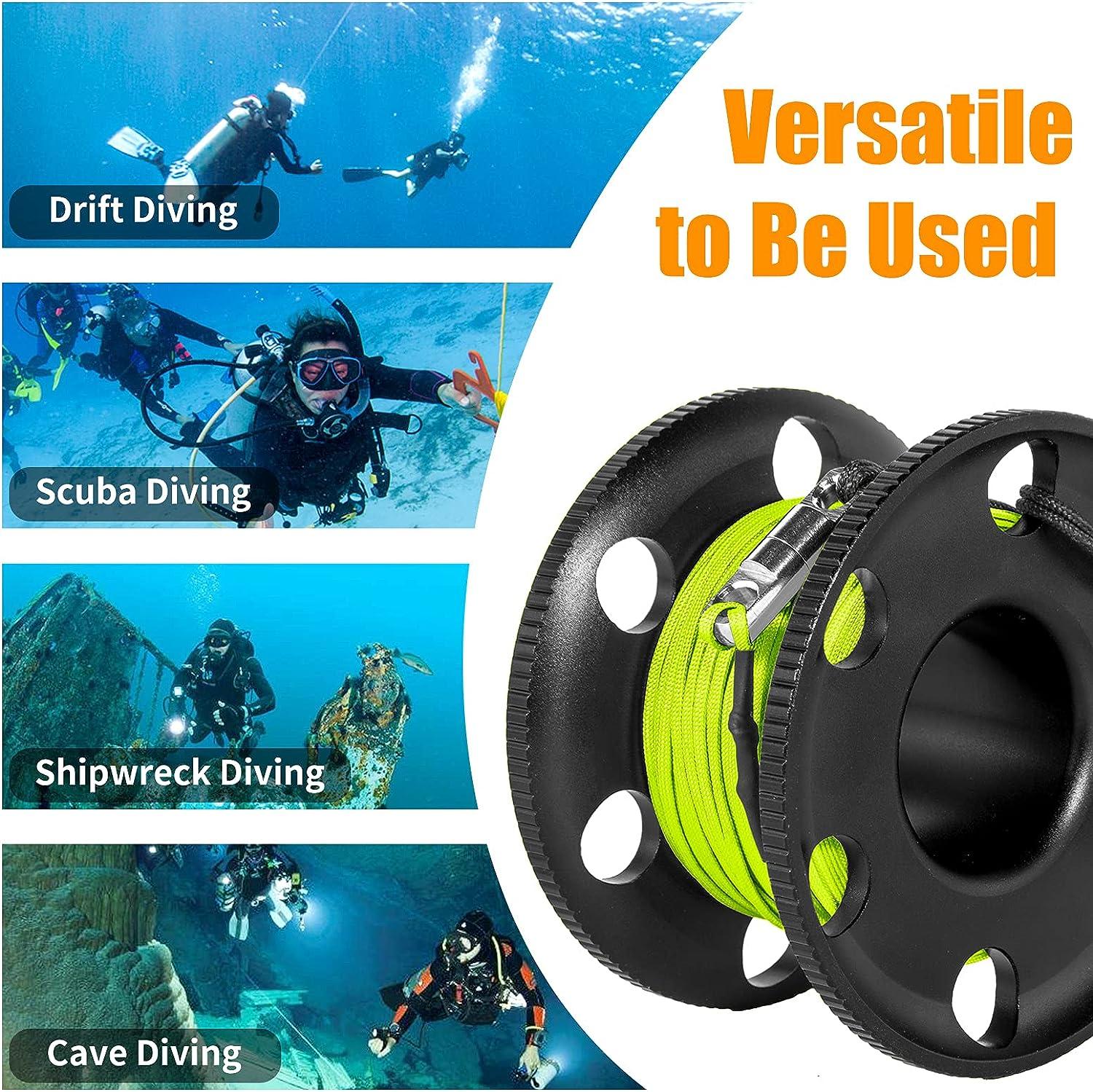 Pluzluce 100FT Big Scuba Diving Reel, Aluminum Alloy Large Scuba Spool  Finger Reel with Double-Ended Bolt Snap Clip for Underwater Scuba Diving  Snorkeling Spearfishing Yellow Line Black Reel