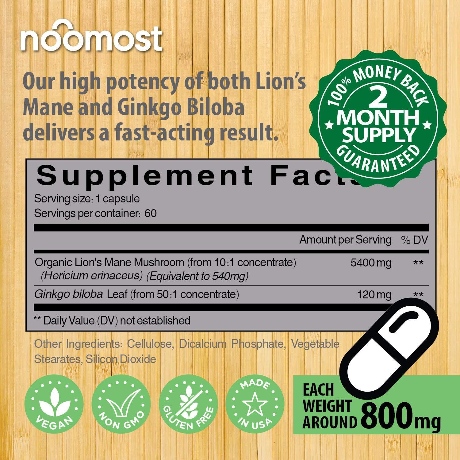 Organic Lions Mane Mushroom Capsules 5400mg, Ginkgo Biloba 120mg Lion