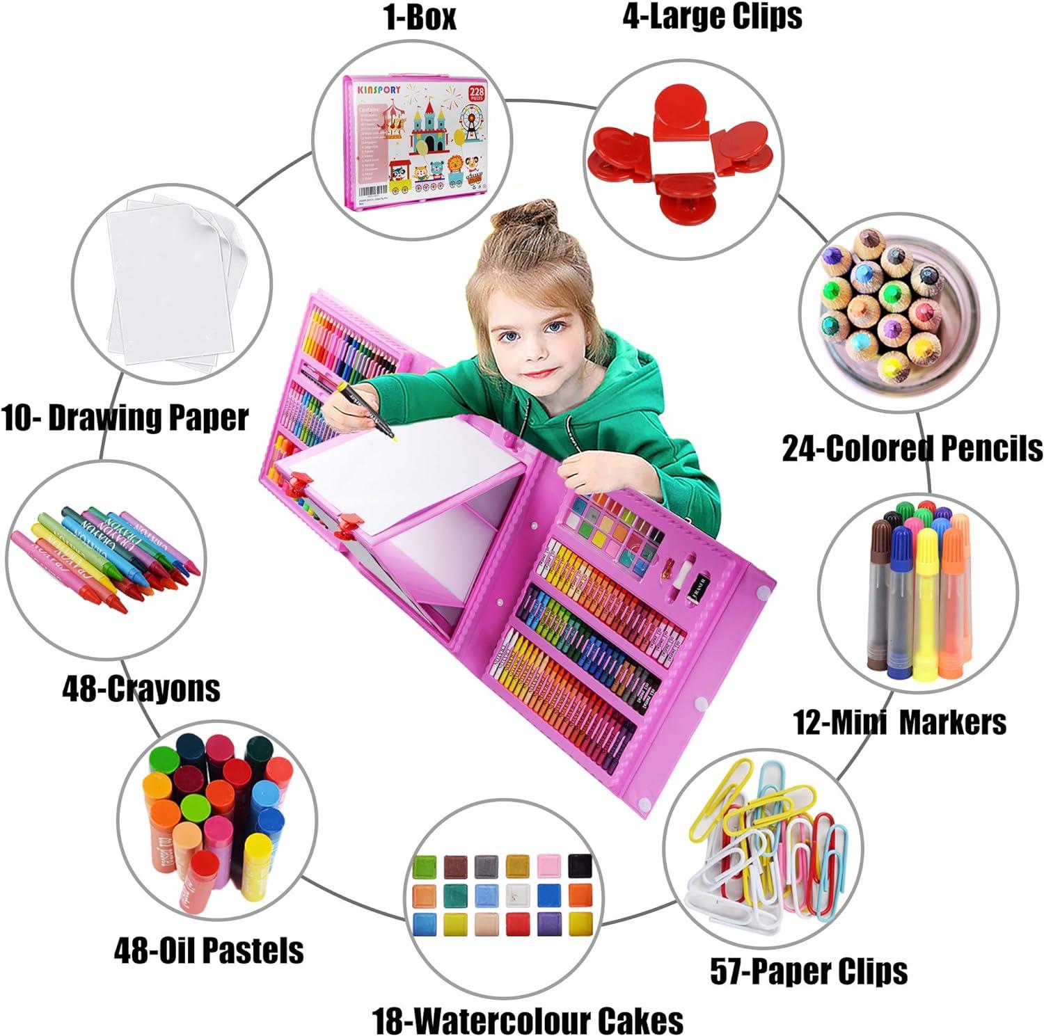 KINSPORY Art Supplies 228 Pack Art Sets Crafts Drawing Coloring kit  Double-Side Trifold Art Easel Oil Pastels Crayons Colored Pencils Creative  Gift for Beginners Artists Girls Boys Kids (Pink) Pink 228PC