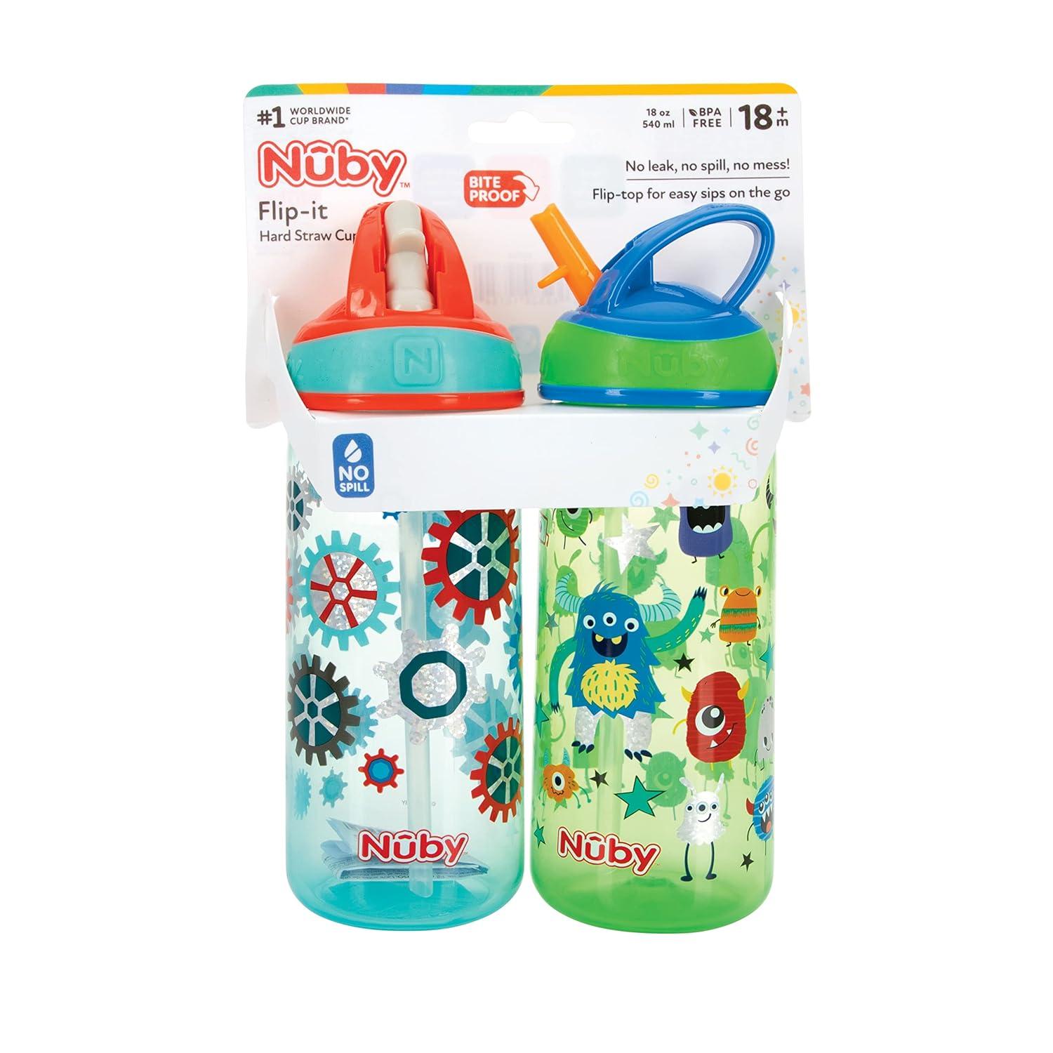Nuby 2-Pack Kid's Printed Flip-it Active Water Bottle with Push Button Cap  and Soft Straw - 18oz / 540ml, 18+ Months, 2-Pack, Prints May Vary