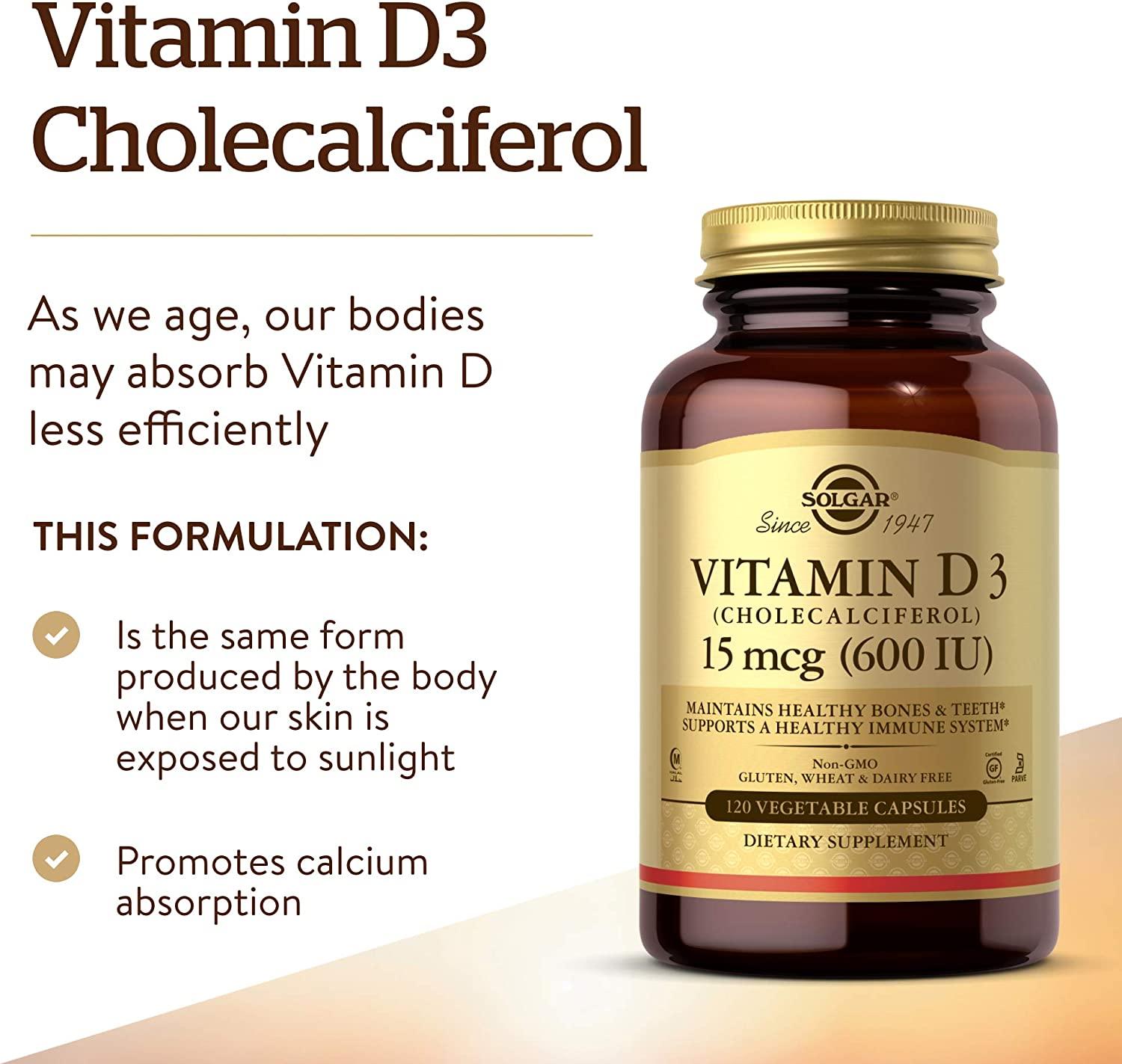 Solgar Vitamin D3 (Cholecalciferol) 15 mcg (600 IU) 120 Vegetable Capsules