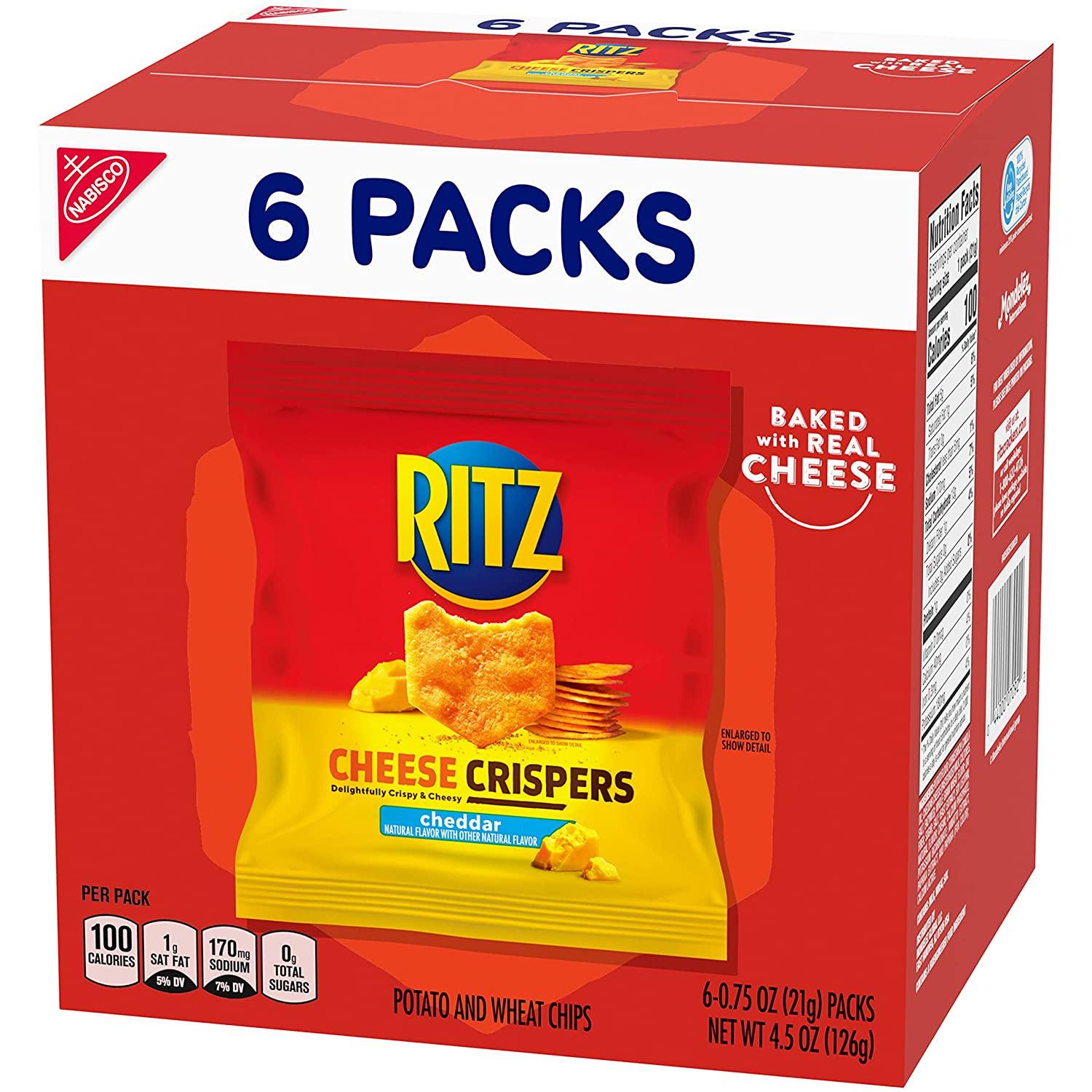 RITZ Cheese Crispers Cheddar Chips, School Lunch Box Snacks, 24 0.75 oz Snack Packs