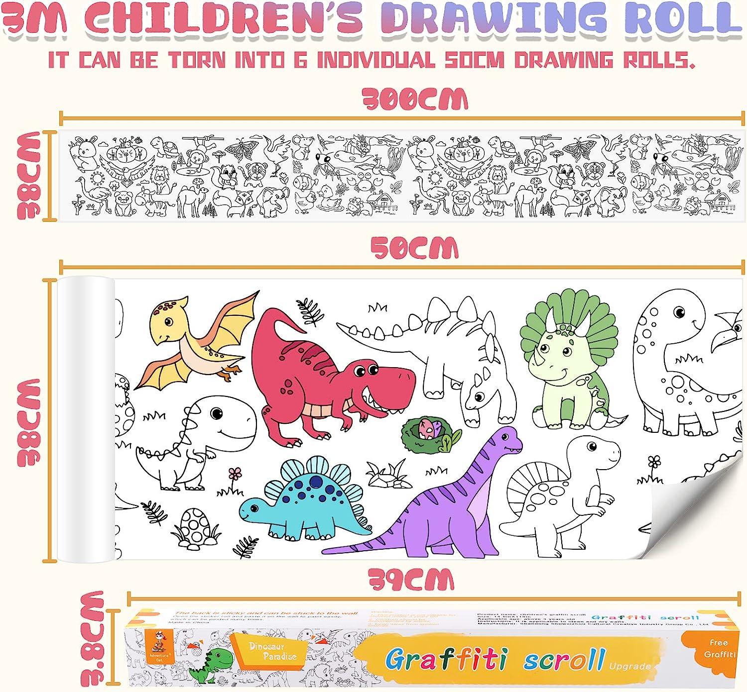 2Pcs Children's Drawing Roll,ASOUNY DIY Painting Coloring Paper  Roll,118X14.9 Inch Upgrade Large Drawing Roll Paper for Kids,Sticky Toddler  Coloring Art Paper,Wall Coloring Stickers(Dinosaur&Animal)