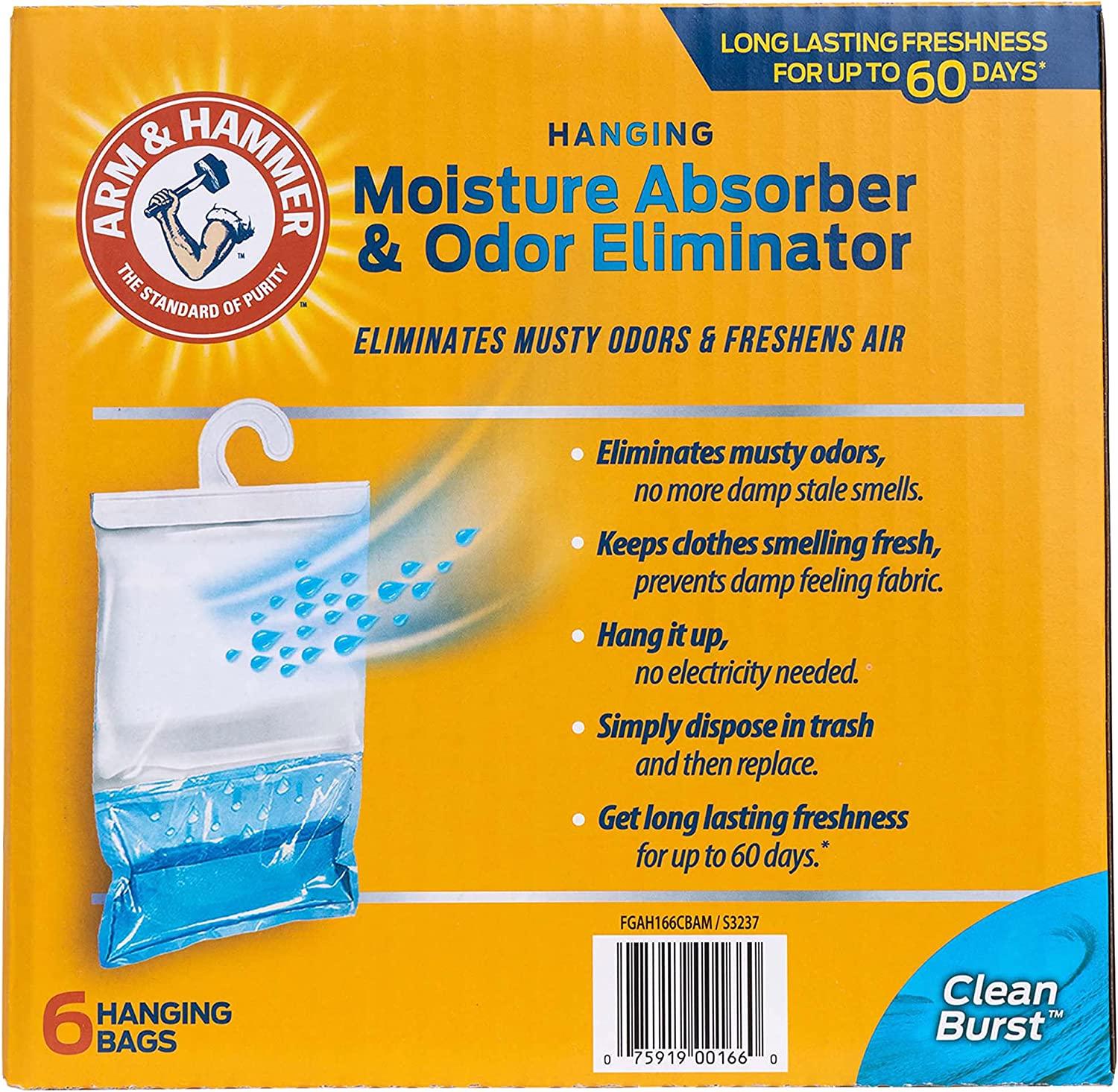 Arm & Hammer Hanging Moisture Absorber and Odor Eliminator, 16.1 oz., 6  Pack - Clean Burst, Moisture Absorbers for Closet and Small Rooms,  Long-Lasting Freshness