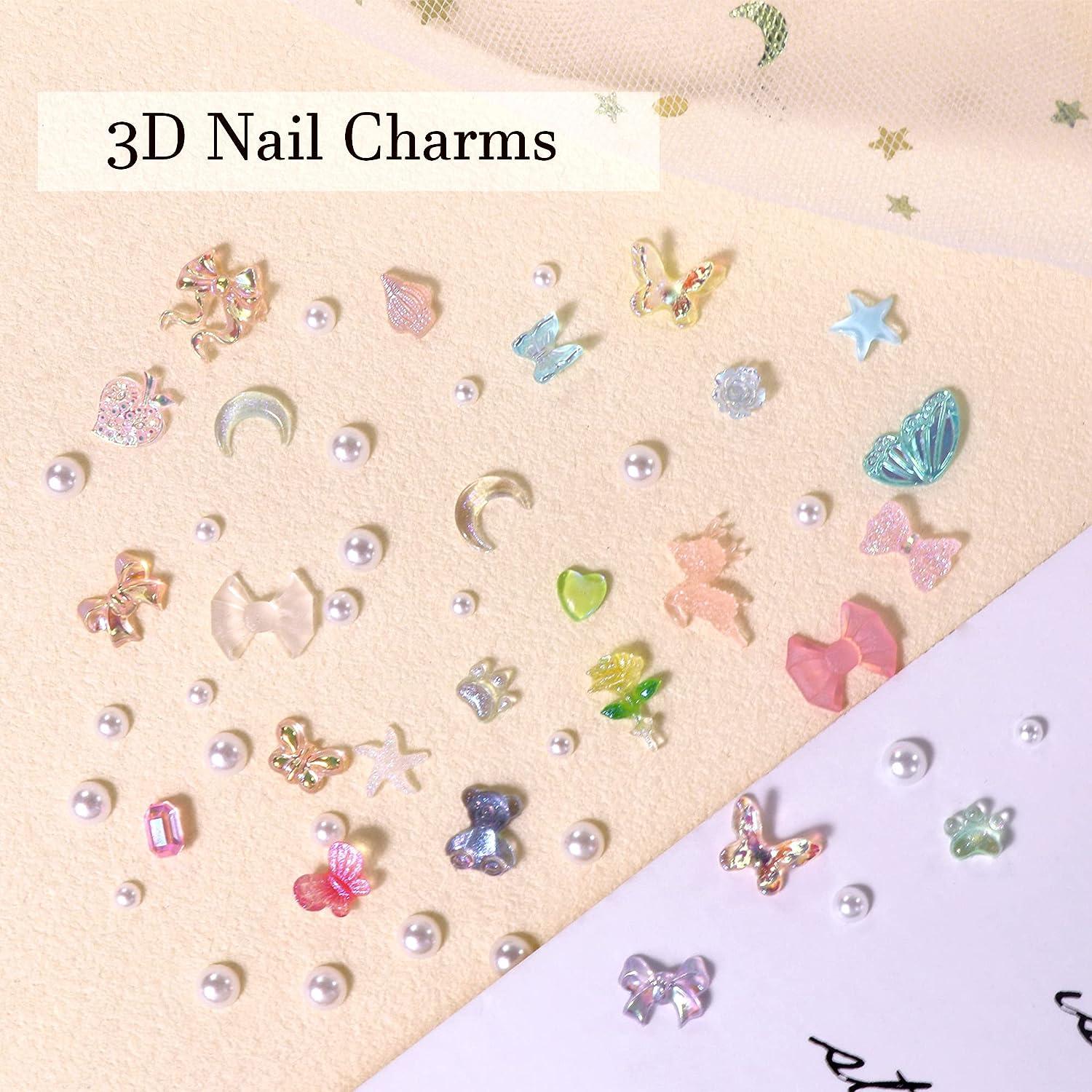 500Pcs Purple Flower Nail Charms Mixed Shape Rose Flower Bear Bow Heart 3D  Acrylic Charms for Nails Design Flatback White Half Round Pearls Beads for
