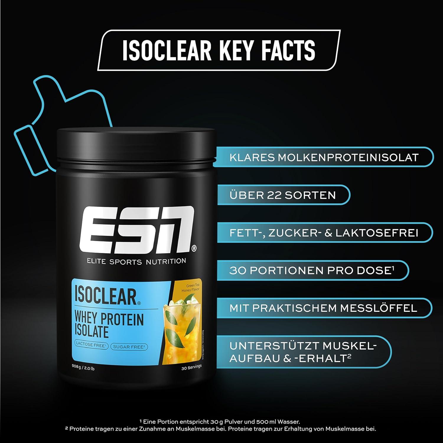 ESN Isoclear Whey Isolate Protein Powder with Green Tea Honey - 908g |  Fruity Delicious Taste Clear Whey Tested Quality - Made in Germany | Buy  Now with Express International Delivery | GoSupps.com