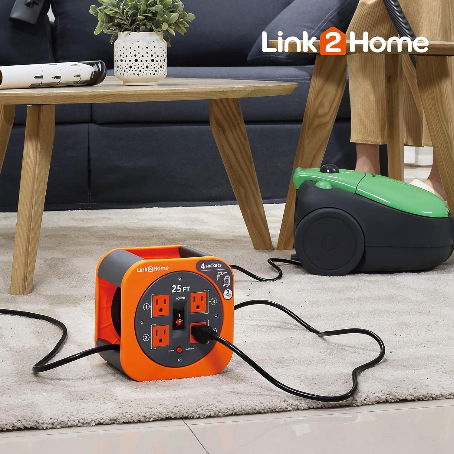 Link2Home Cord Reel Extension Cord 4 Power Outlets (80 Feet), outdoor ...