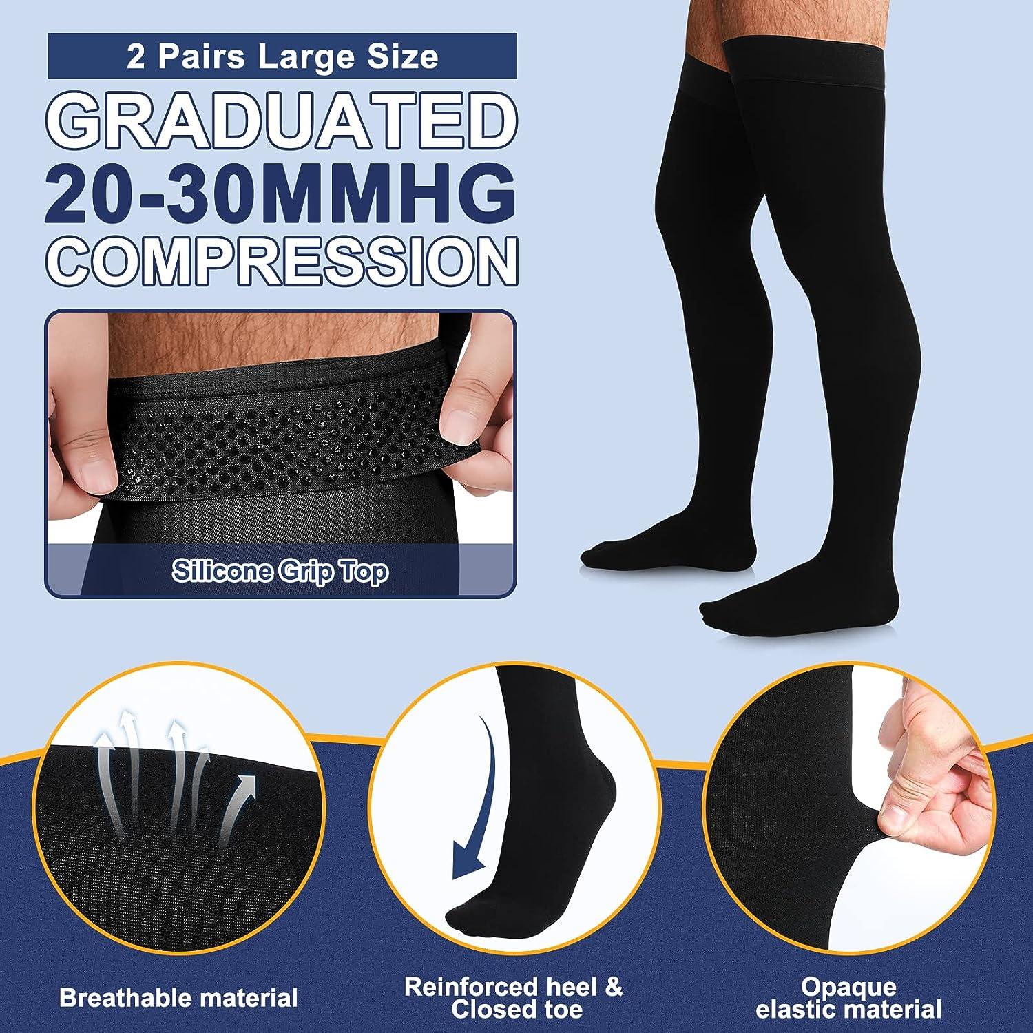 2 Pairs Thigh High Men's Compression Socks 20-30 mmHg Compression Stockings  with Silicone Grip Men's Dress Socks for Swelling Closed Toe Large