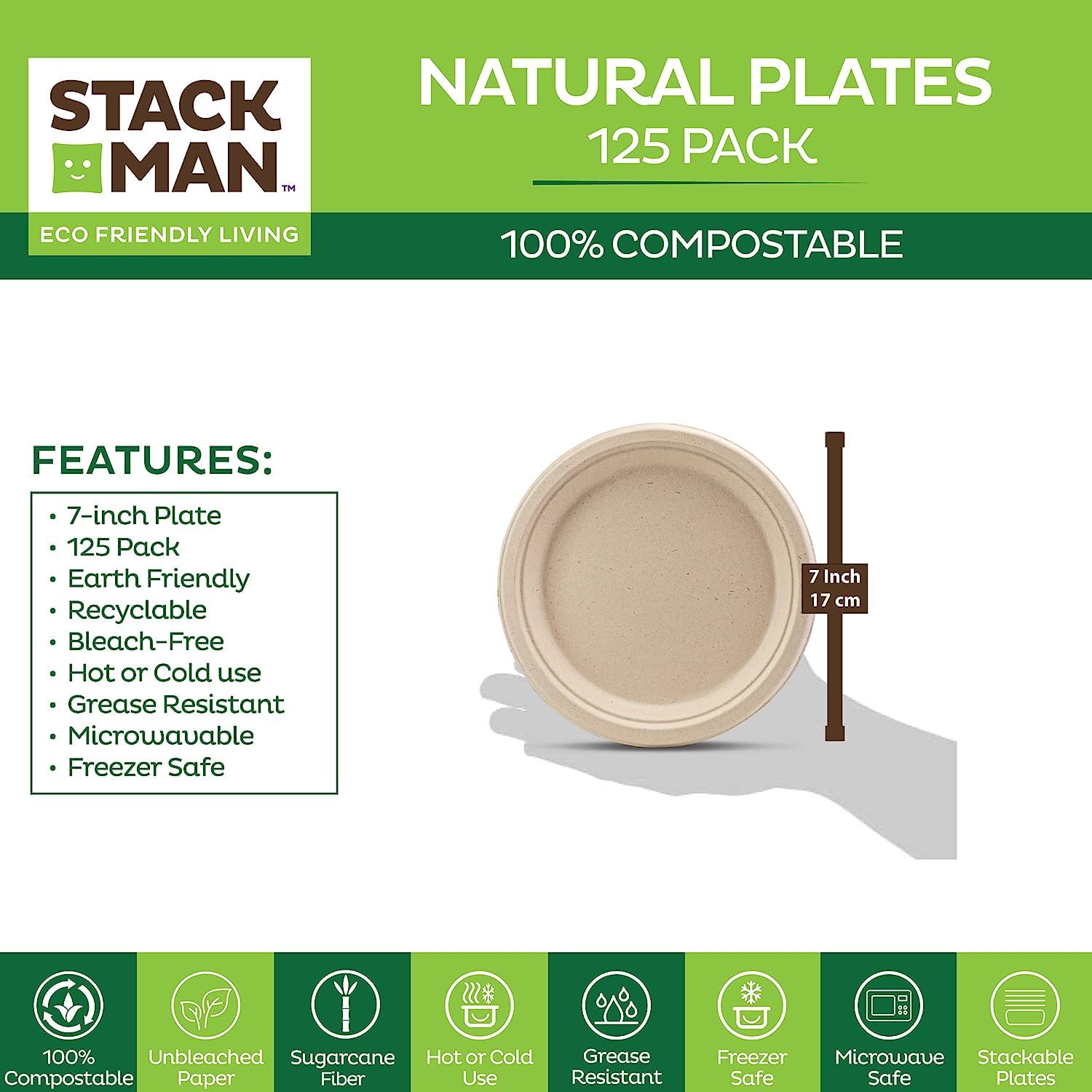 Comfy Package 100% Compostable 9 inch Heavy-Duty Plates [125 Pack] 3 Compartment Eco-Friendly Disposable Sugarcane Paper Plates