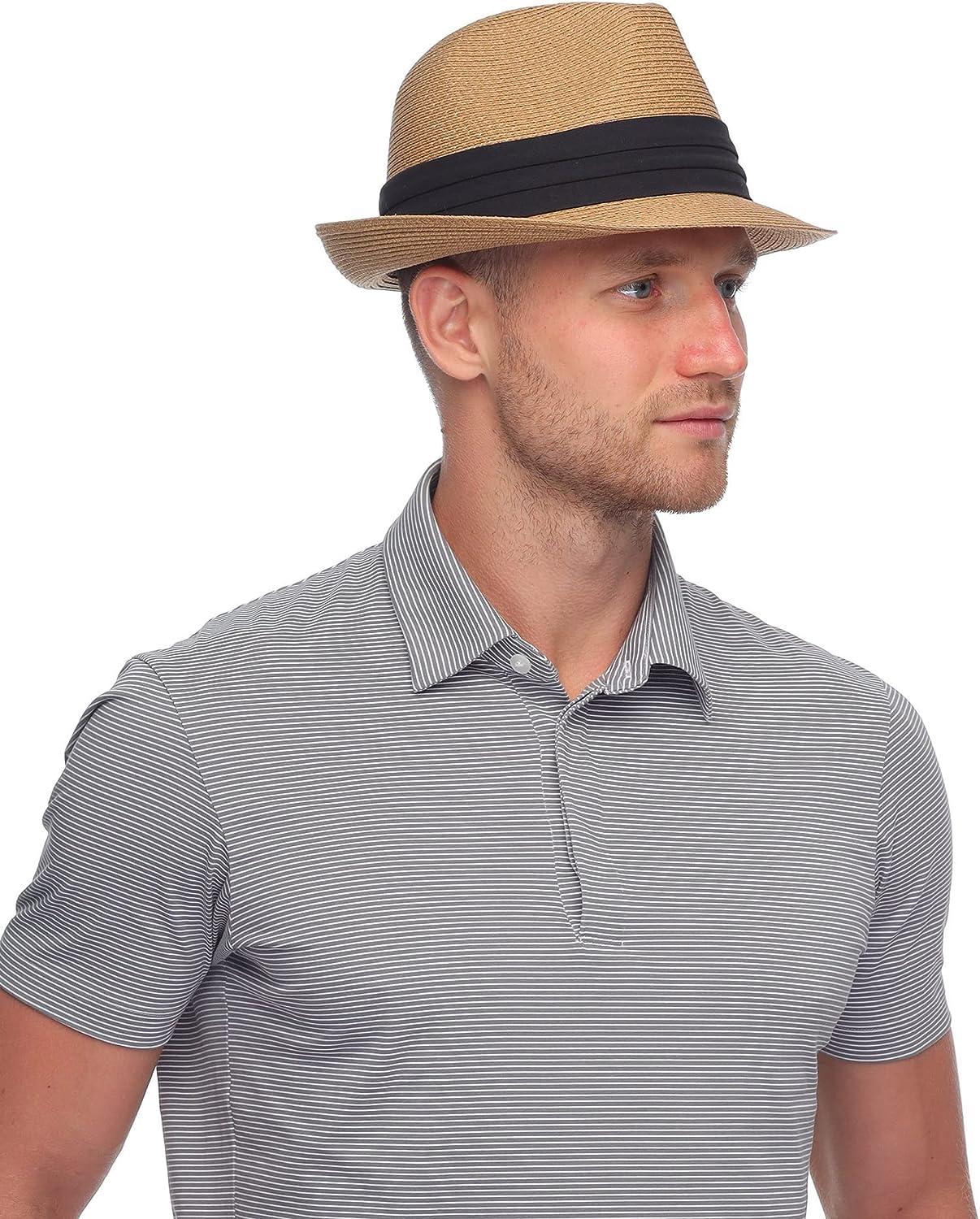 FURTALK Fedora Straw Sun Hat for Men Women Foldable Roll Up Short Brim  Trilby Hat Panama Beach Hat UPF 50+ Khaki Medium-Large
