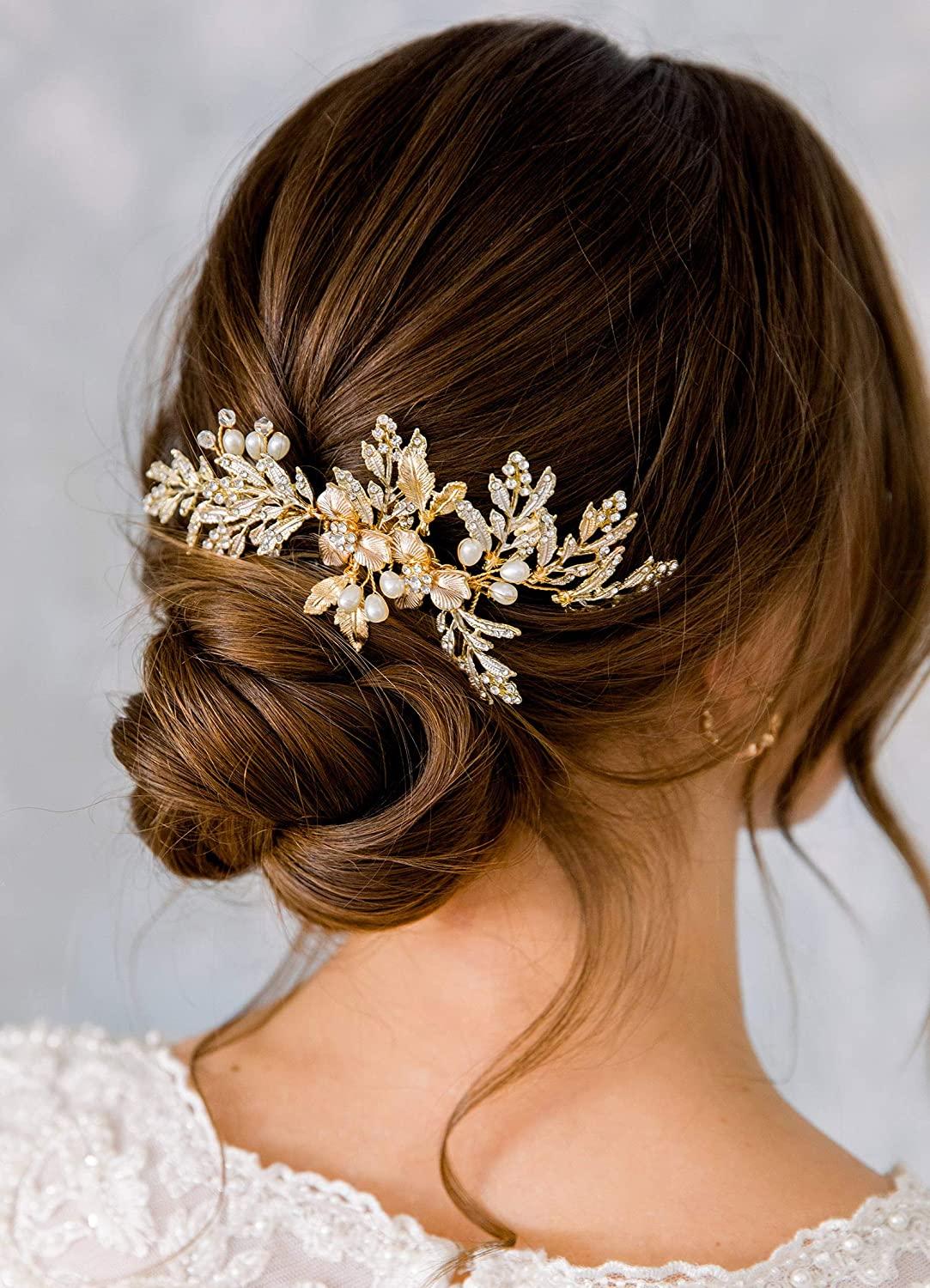 SWEETV Handmade Wedding Hair Comb Clip Rhinestone Bridal Hair Comb Piece,  Gold Hair Accessories for Brides Wedding 