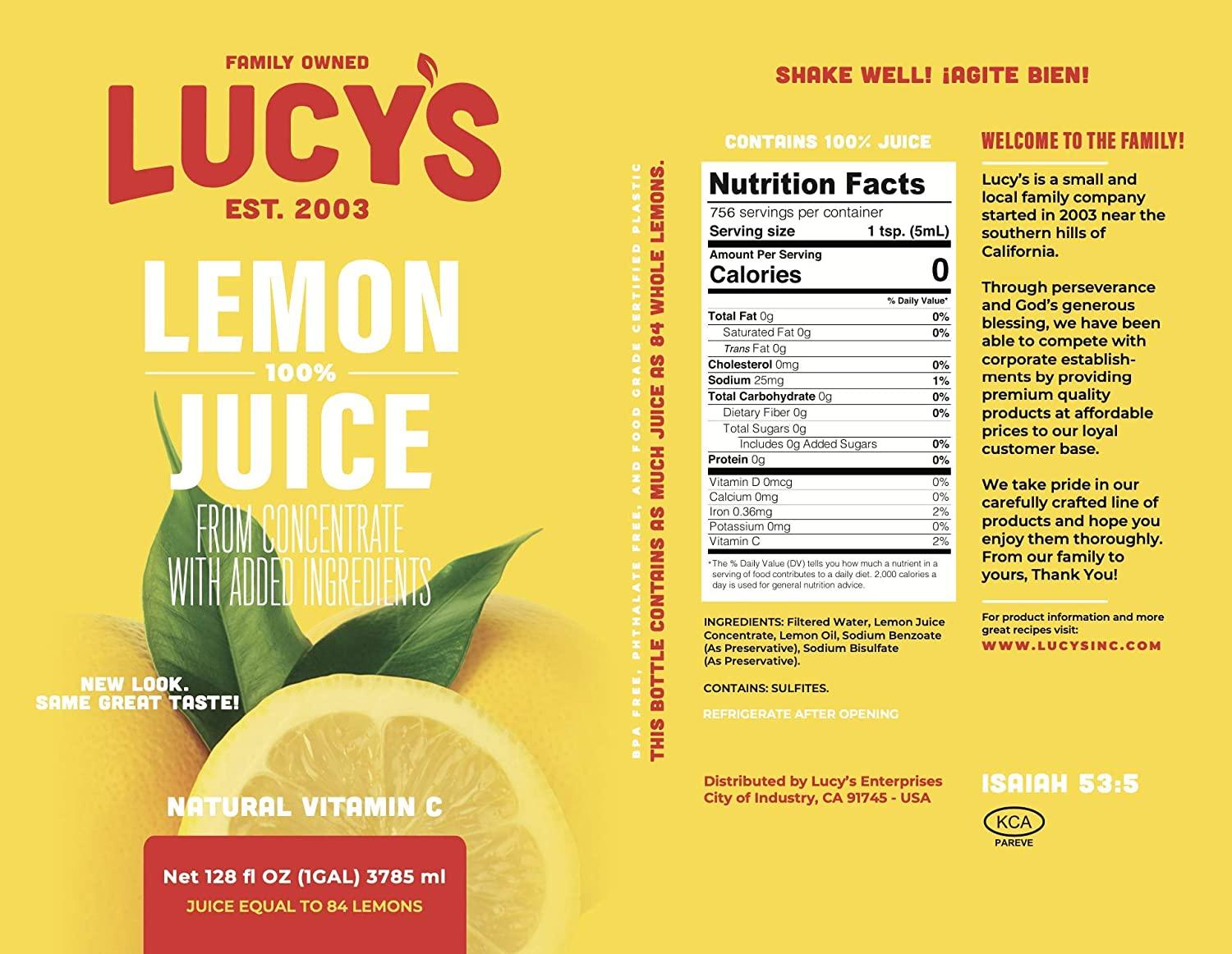 Lucy's Family Owned Lemon Juice, 1 Gallon (128oz.)