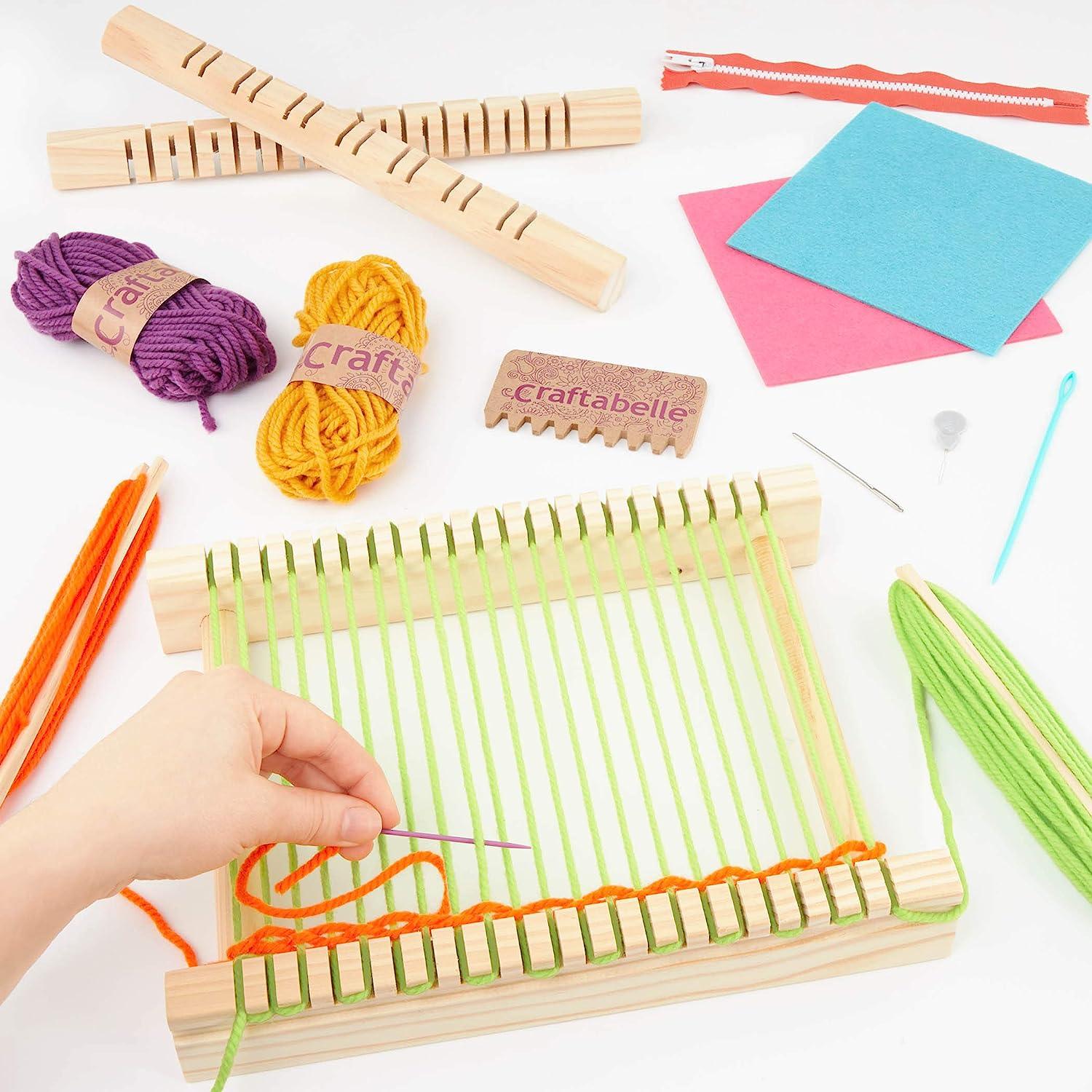 Craftabelle Wooden Loom Creation Kit Beginner Knitting Loom Kit 19pc  Weaving Set with Yarn and Frame DIY Craft Kits for Kids Aged 8 Years +