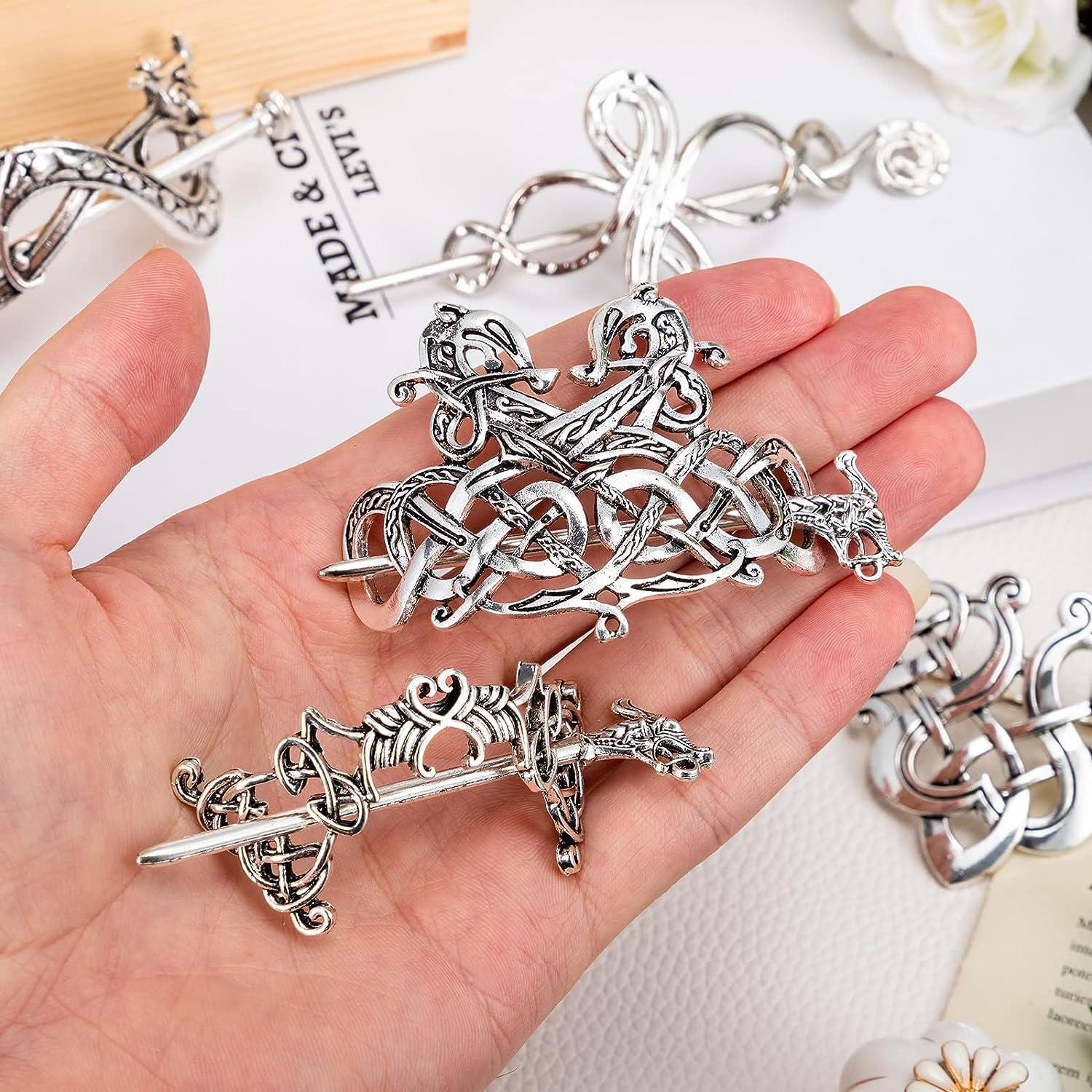 Keltische haarspelden, Vikinghaar-accessoires, Keltische knopen, antiek zilver, haardecoratie voor lange haaraccessoires, vlechten, haarclip met staaf (01