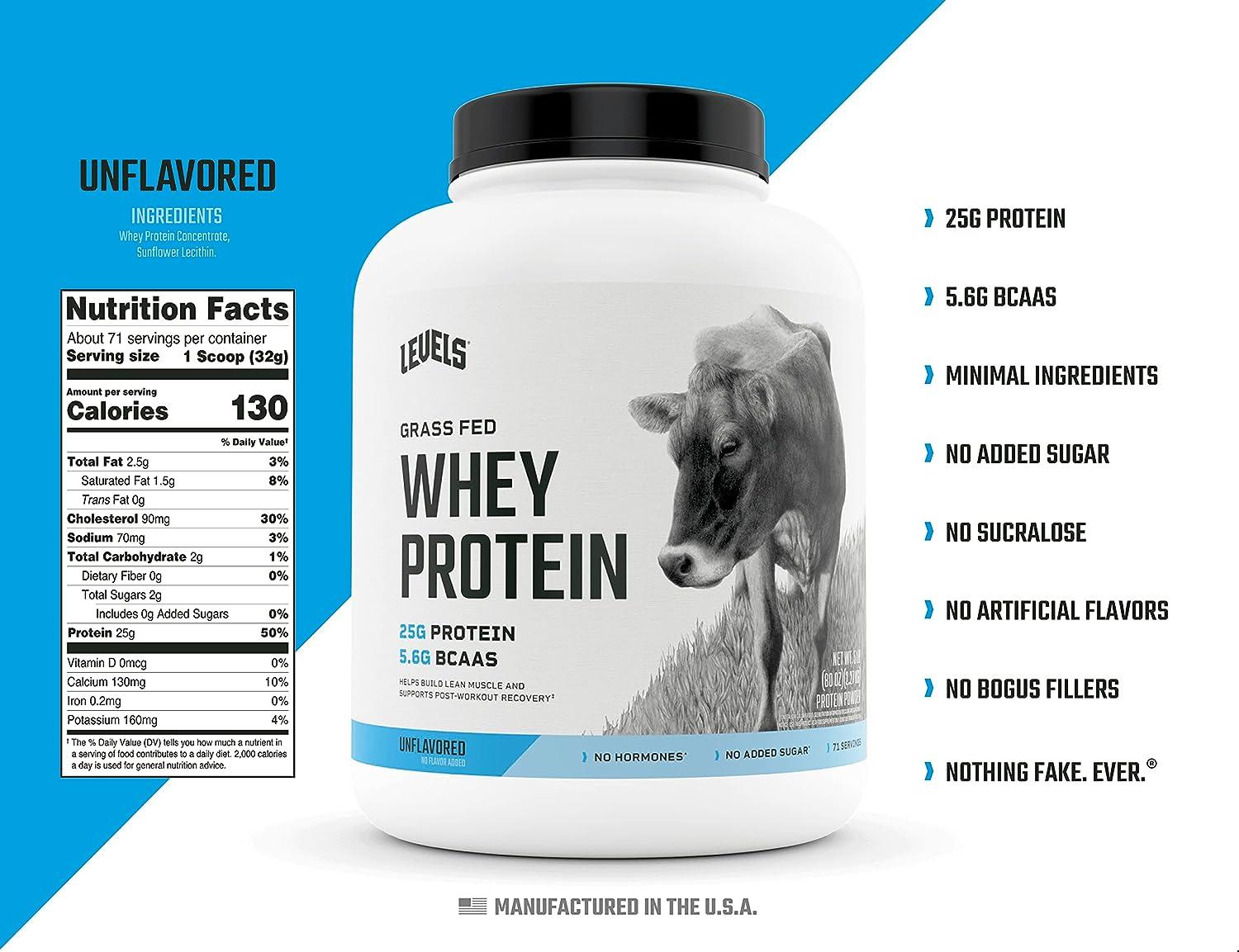 Levels Grass Fed 100 Whey Protein 5LB Unflavored, No Hormones, 5