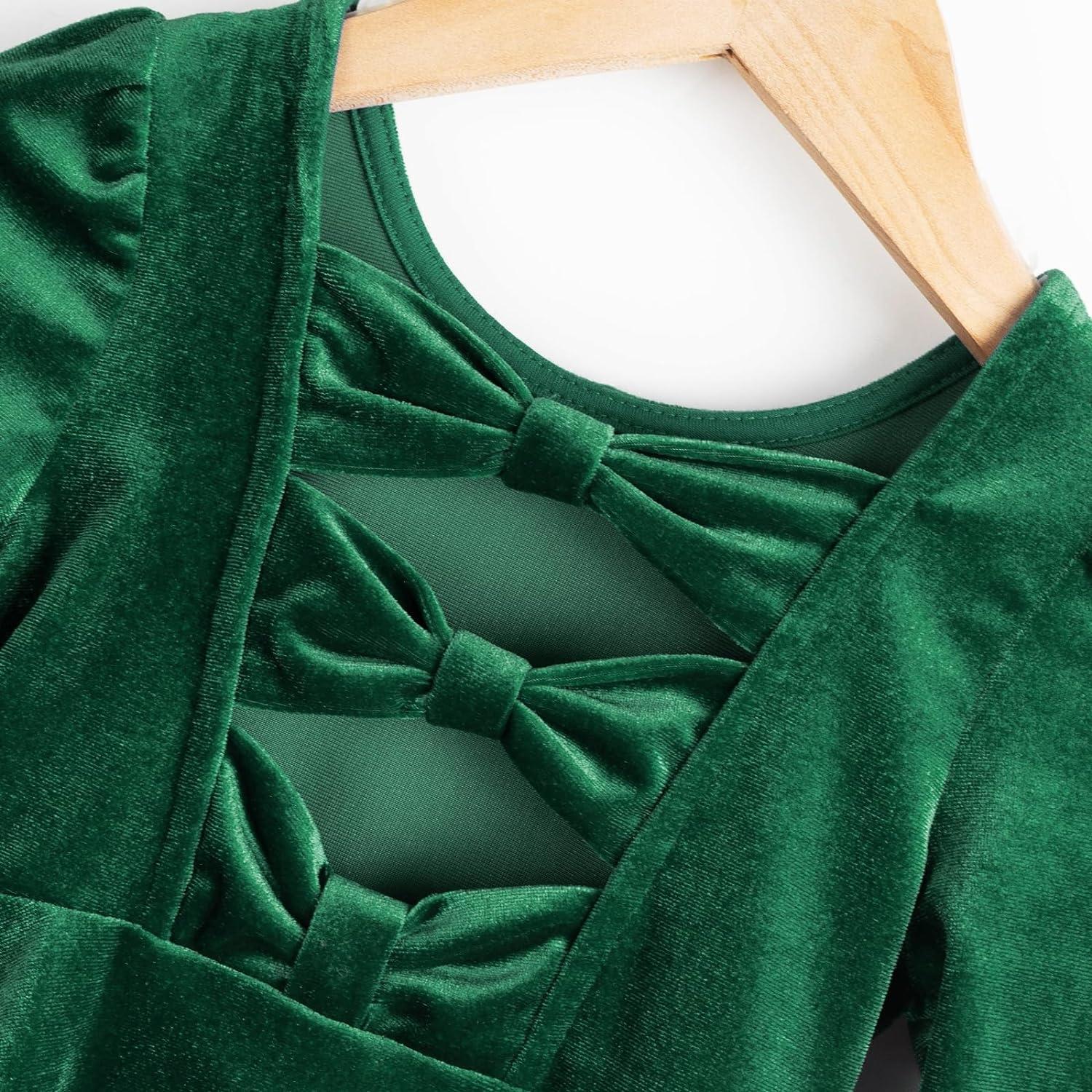 Miipat Baby Girls Velvet Dress Toddler Girl Long Sleeve Dresses Fall Winter Elegant Kids Princess Birthday Party Wedding Dress 6-7 Years Green