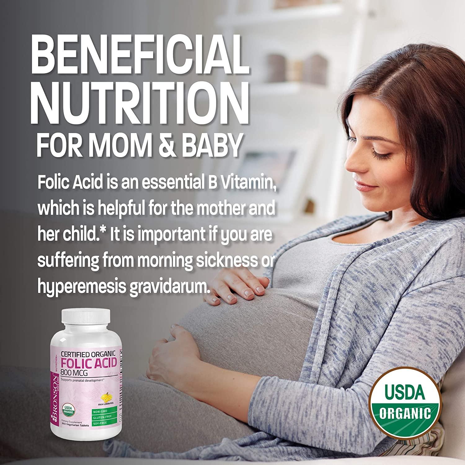 Bronson Organic Folic Acid (Vitamin B9 Folate) 800 mcg Natural Folate from Lemon Peel, 180 Tablets