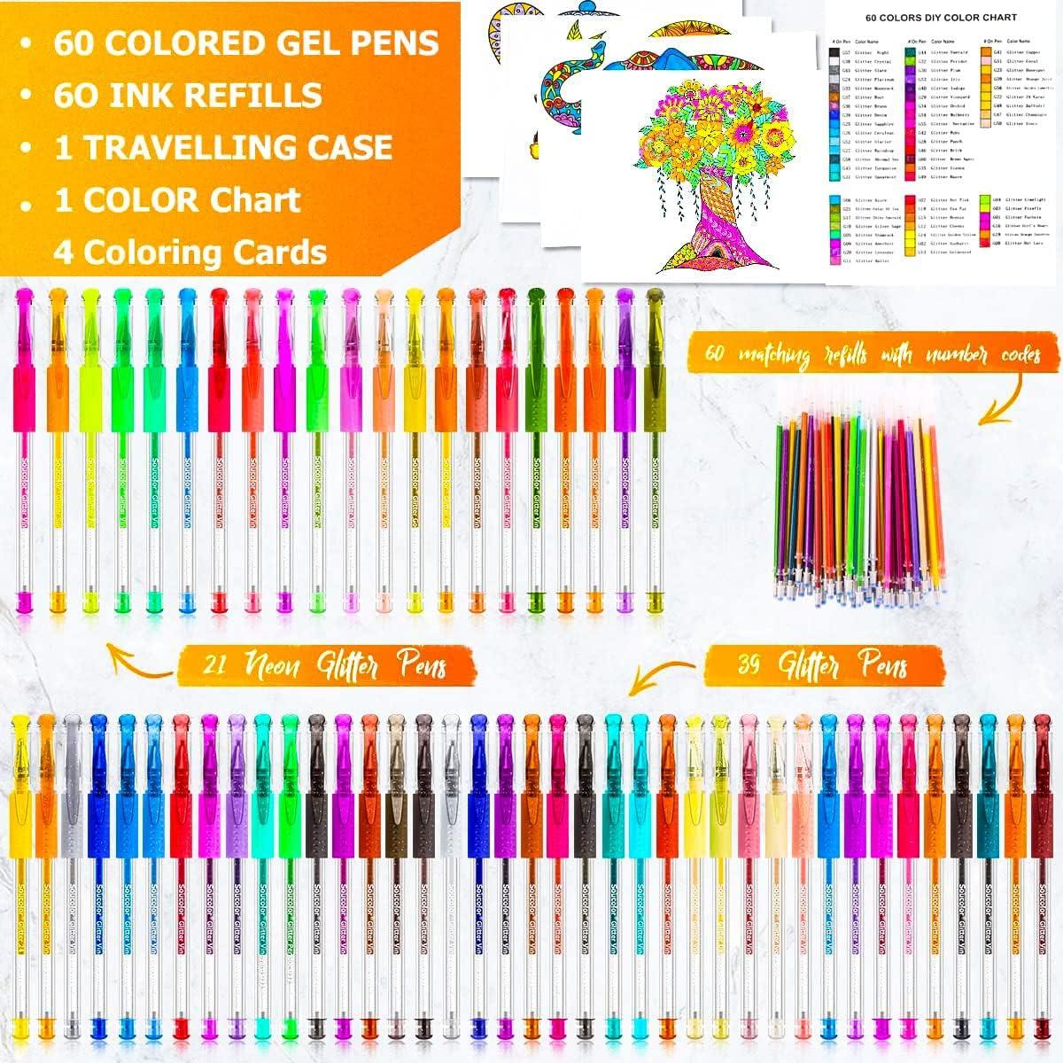 Soucolor 60 Colored Gel Pens for Adult Coloring Books, Deluxe 120 Pack- 60  Refills and Travel Case, with 40% More Ink Markers Set for Drawing