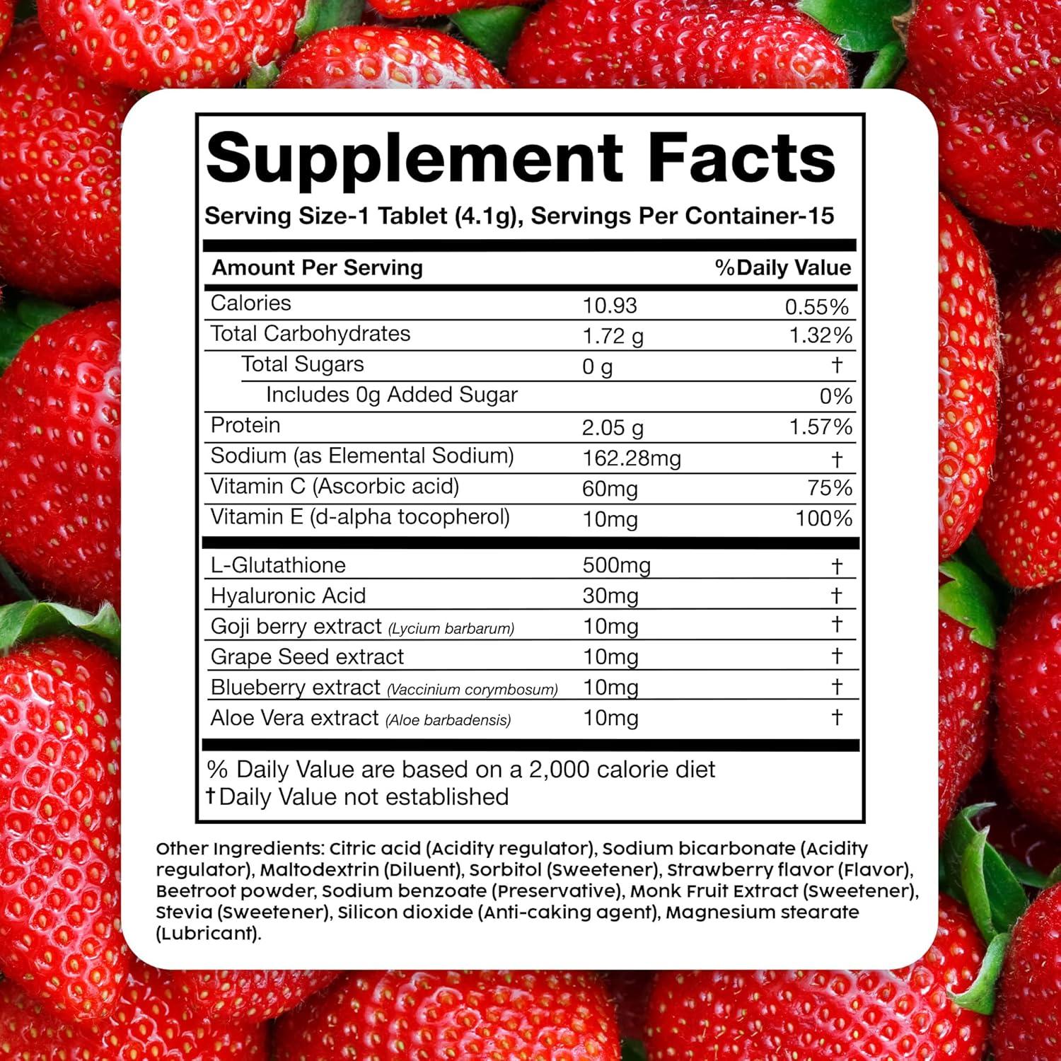 PLIX Glowy Skin 500mg Glutathione Supplement with Hyaluronic Acid Vitamin C  E & Berries | 60 Effervescent Tablets Strawberry Flavor 60 Tablets (Pack of  4) | Buy Now with Express International Delivery