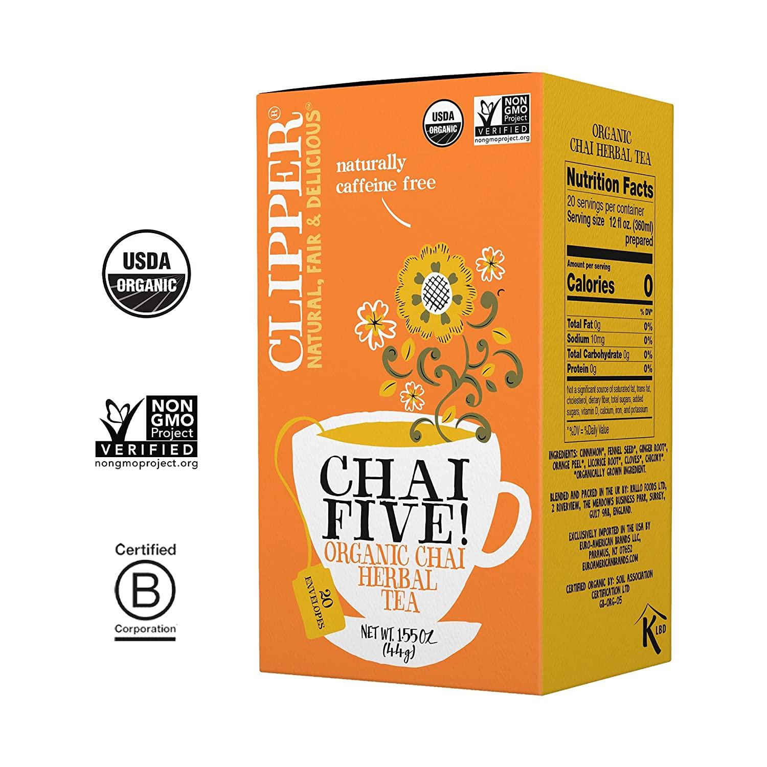 Clipper Tea Organic Chai Herbal Tea, Chai Five - USDA Organic, Non-GMO,  Caffeine Free Tea, 1 Pack, 20 Unbleached Tea Bags Chai Five 20 Count (Pack  of 1)